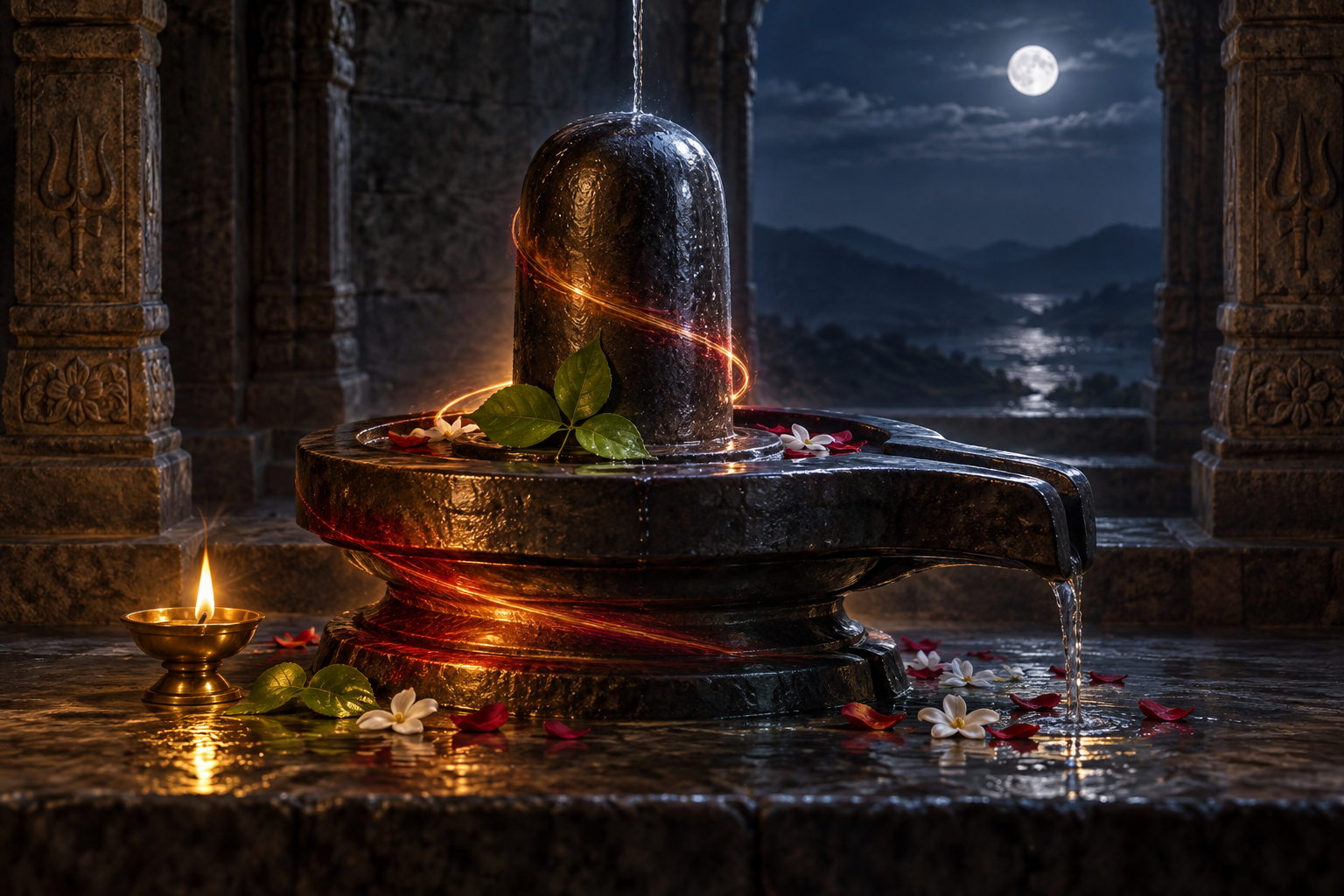 A dark stone lingam and circular base stand together in a moonlit sanctuary as warm light spirals upward beside an oil lamp, leaves, flowers, and ritual water.