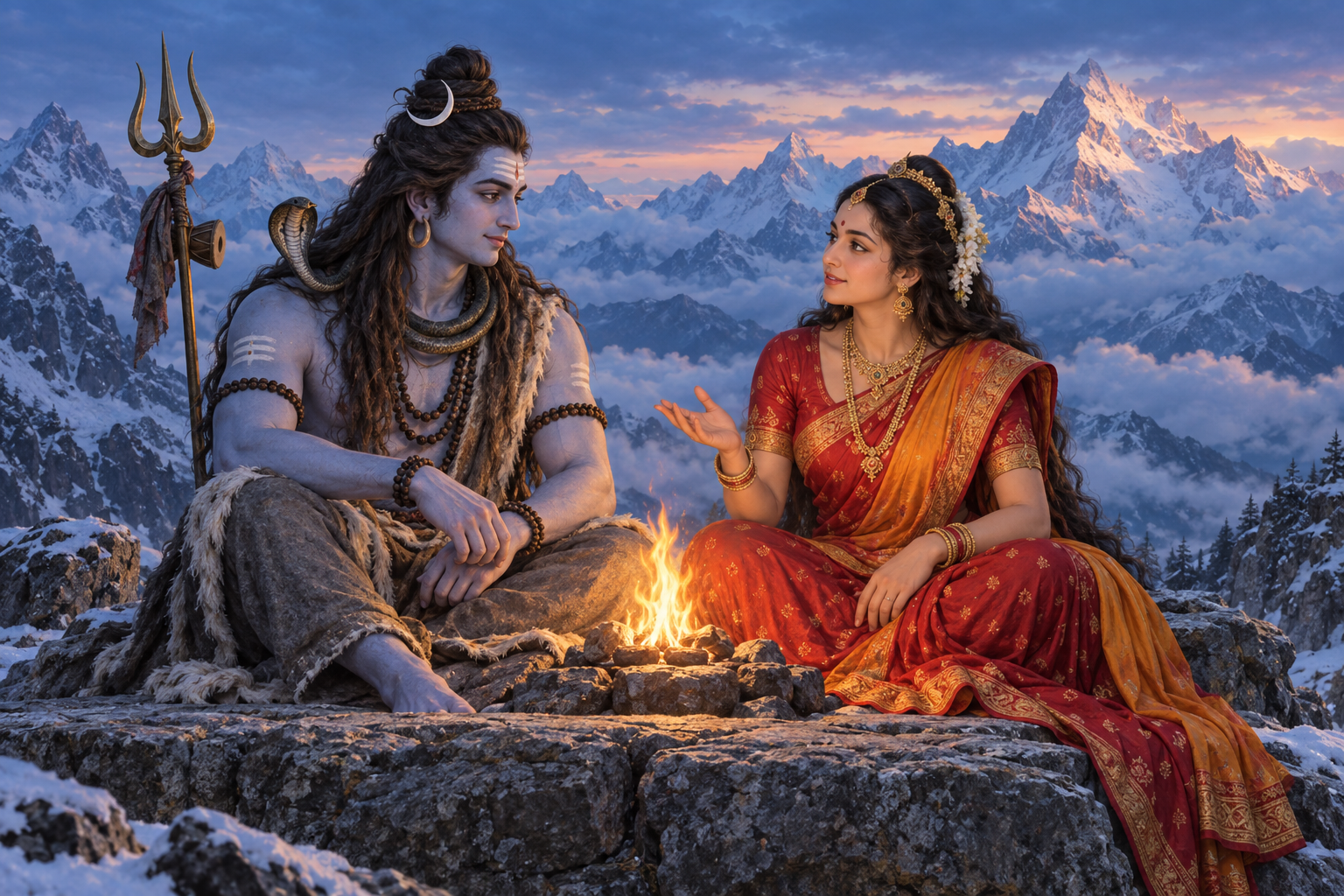 Shiva and Uma-Parvati sit at equal height on a Himalayan stone ledge, facing one another beside a small flame at twilight.