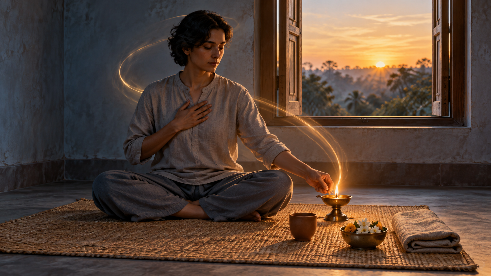 A person meditates on a woven mat before sunrise, one hand at the heart and the other near a small oil lamp as warm light curves around the still figure.