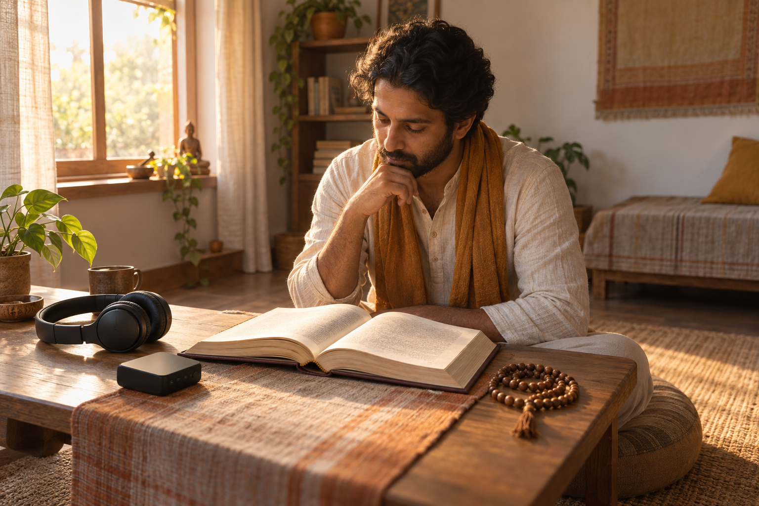 A practitioner studies an open sacred book at a low table with headphones and wooden prayer beads nearby in warm morning light.
