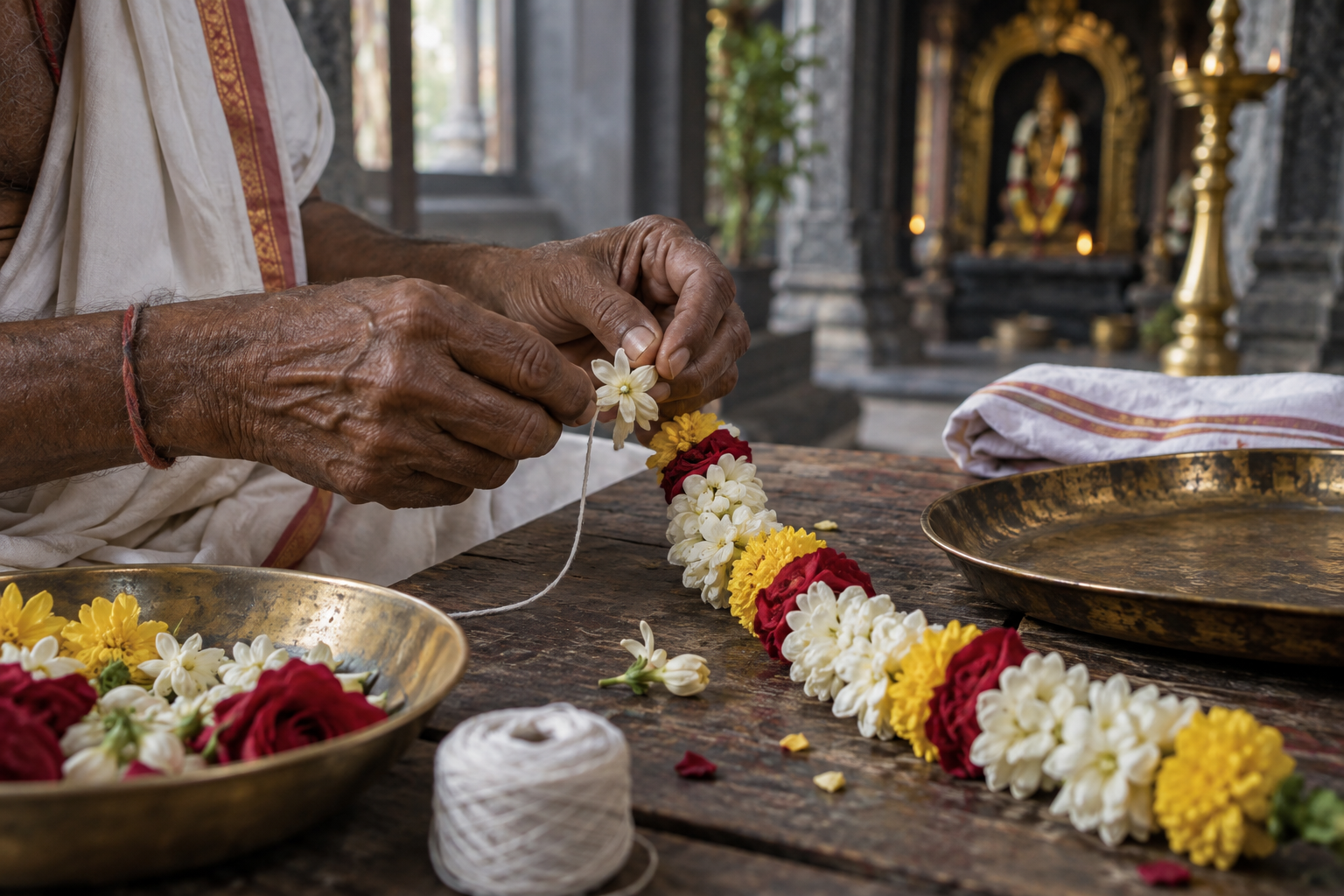 Weathered hands thread fresh flowers into a garland beside folded altar cloth and a brass tray.