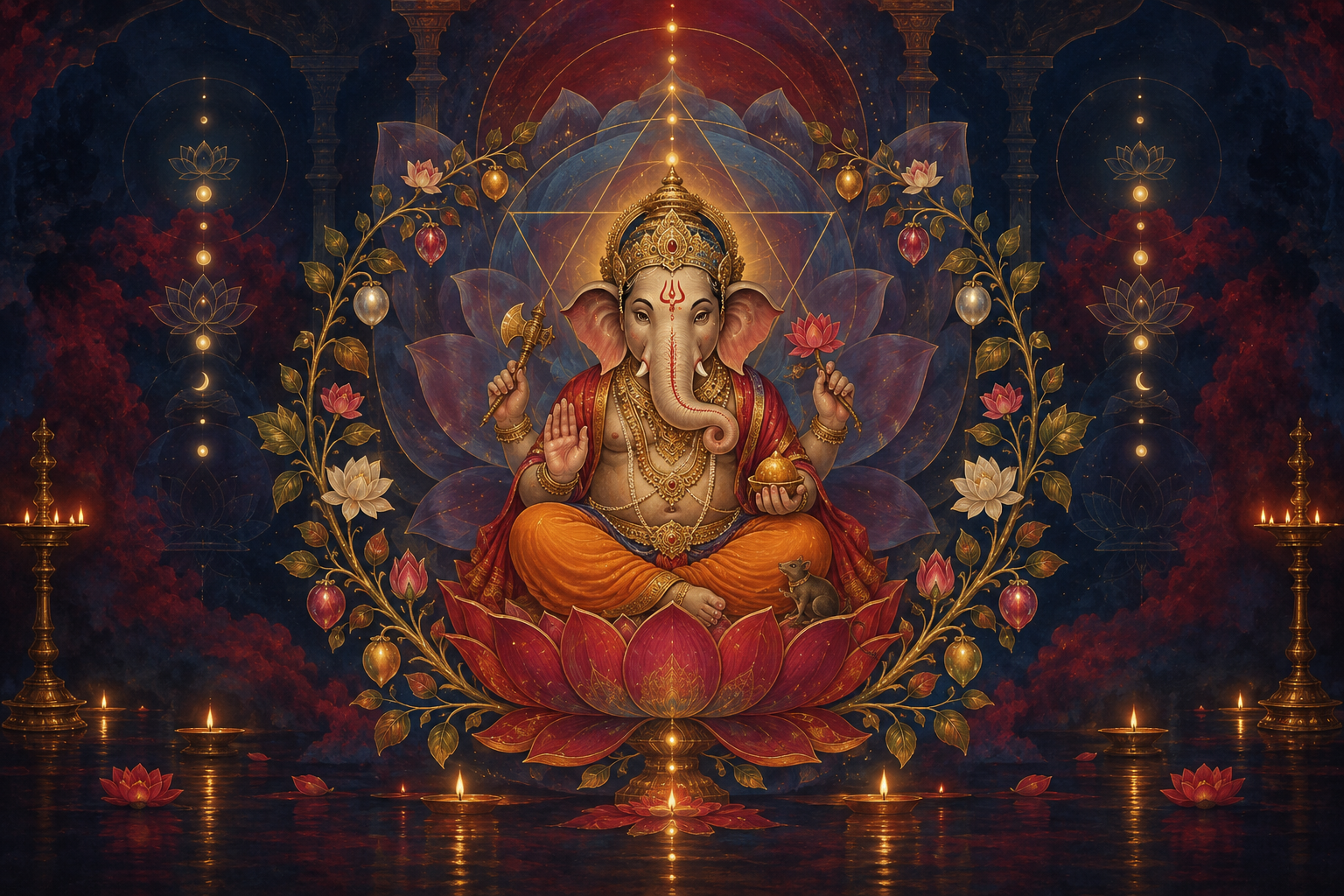 Elephant-headed sacred figure meditating on a lotus amid flowering vines, geometric forms, and ascending points of light.