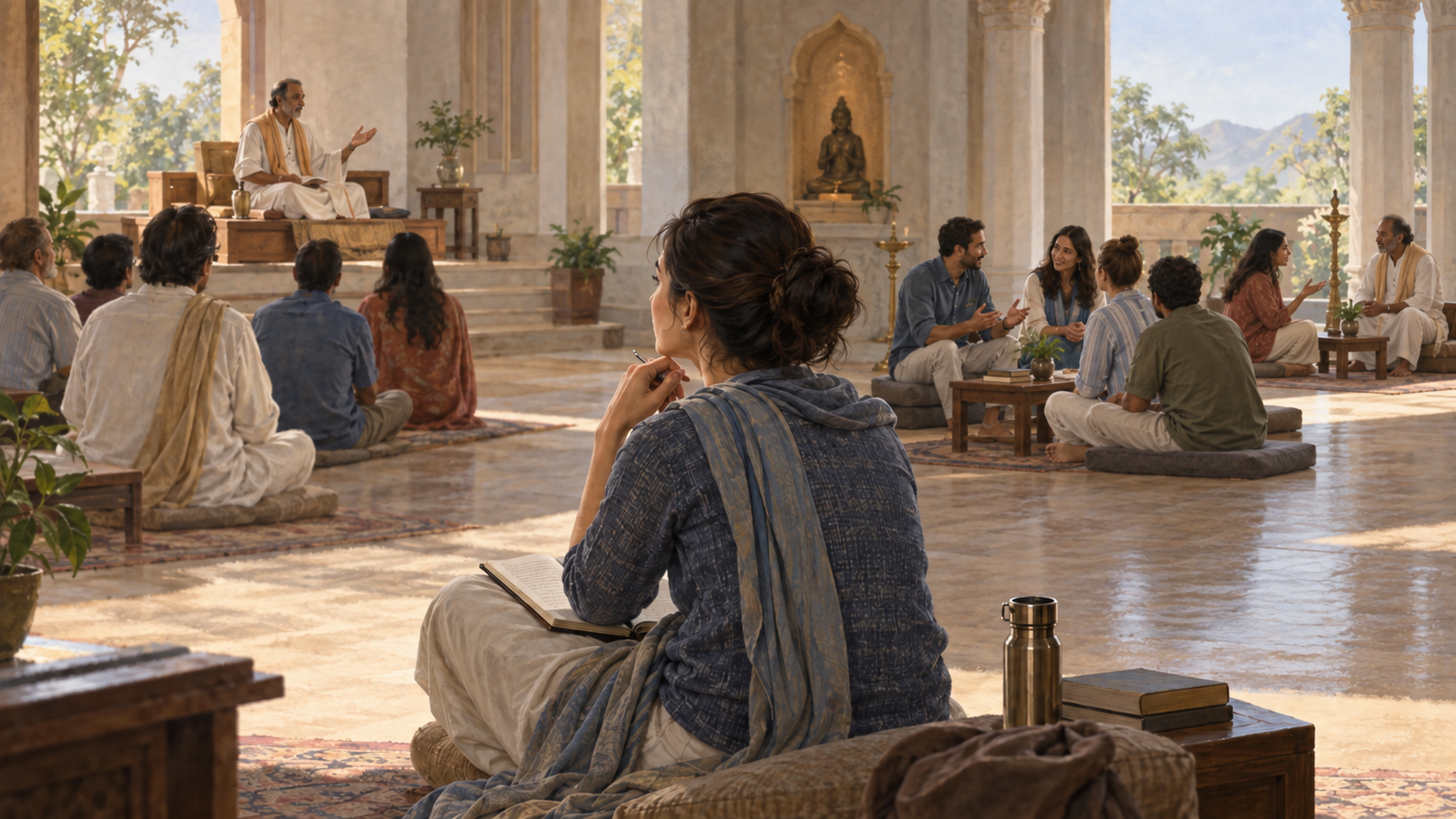 A listener observes a formal scripture discourse, a small discussion circle, and an informal question-and-answer exchange in one devotional learning space.