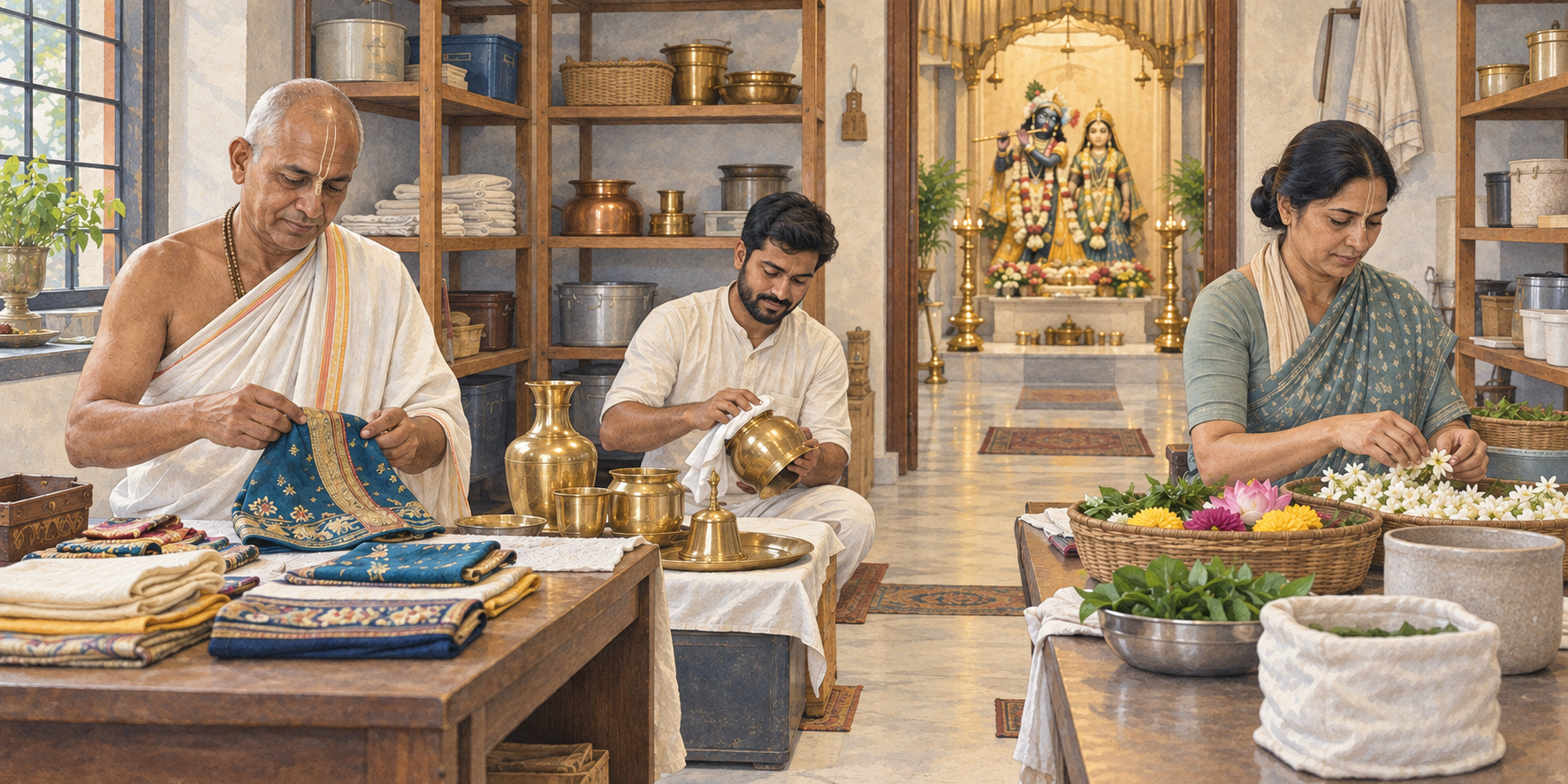 A senior pujari and two volunteers fold altar cloths, polish brass vessels and sort flowers in a temple service room.