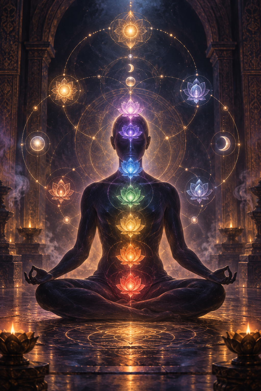 Meditating figure overlaid with two visibly different arrangements of glowing lotus forms and luminous energy points.