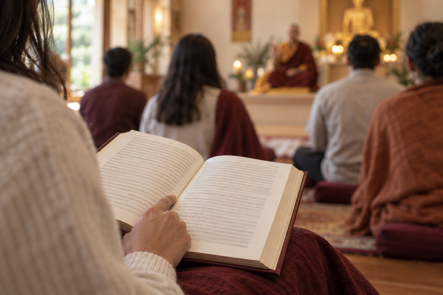 An open sacred book is in sharp focus on a listener's lap while a teacher speaks in the softly blurred background.