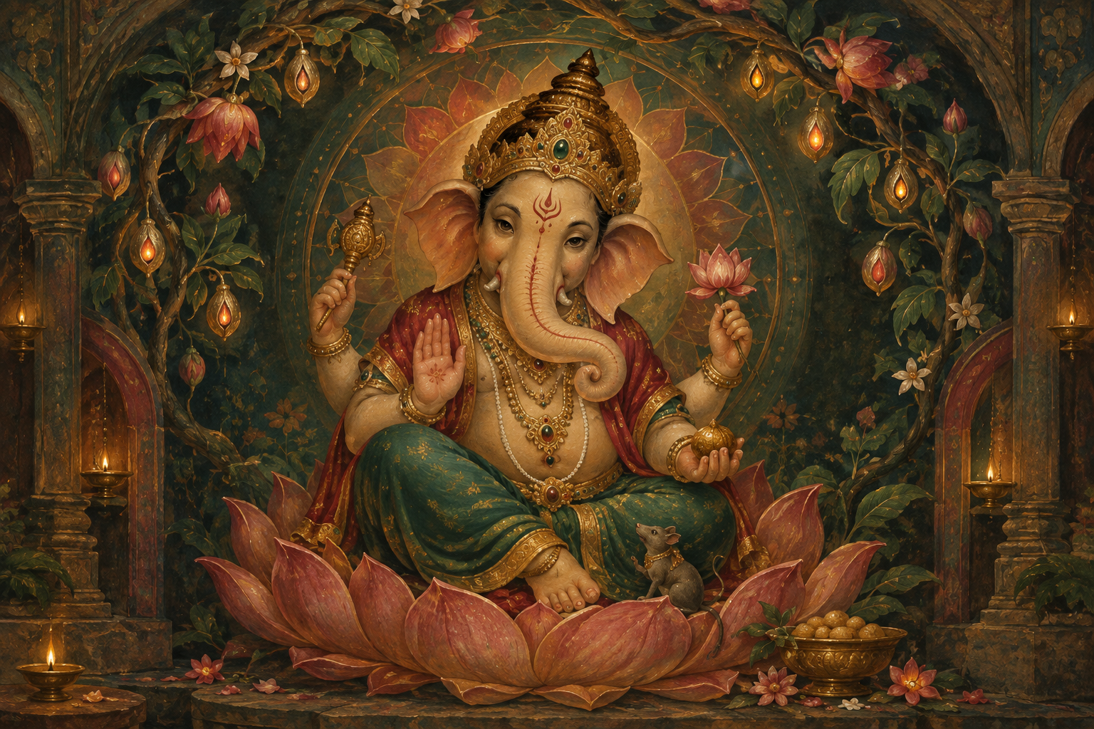 Elephant-headed deity seated beneath a flowering vine with radiant fruit, ritual objects, and a geometric halo.