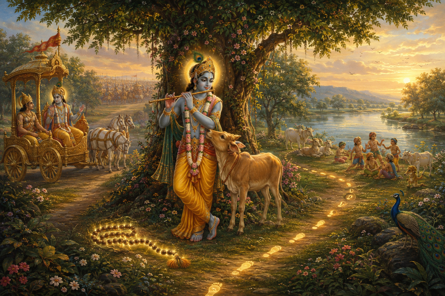 Krishna plays the flute in a landscape containing prayer beads, a sheltered calf, playful footprints, and Krishna counseling Arjuna in a chariot.