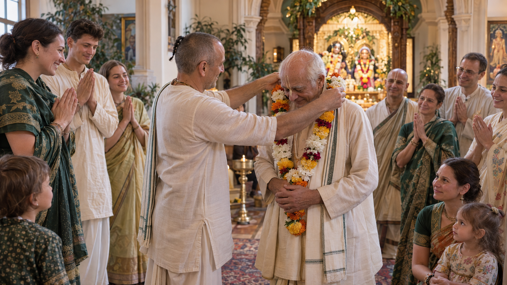 A temple community offers a flower garland and folded-palm greetings to an elderly pujari during a modest recognition ceremony.