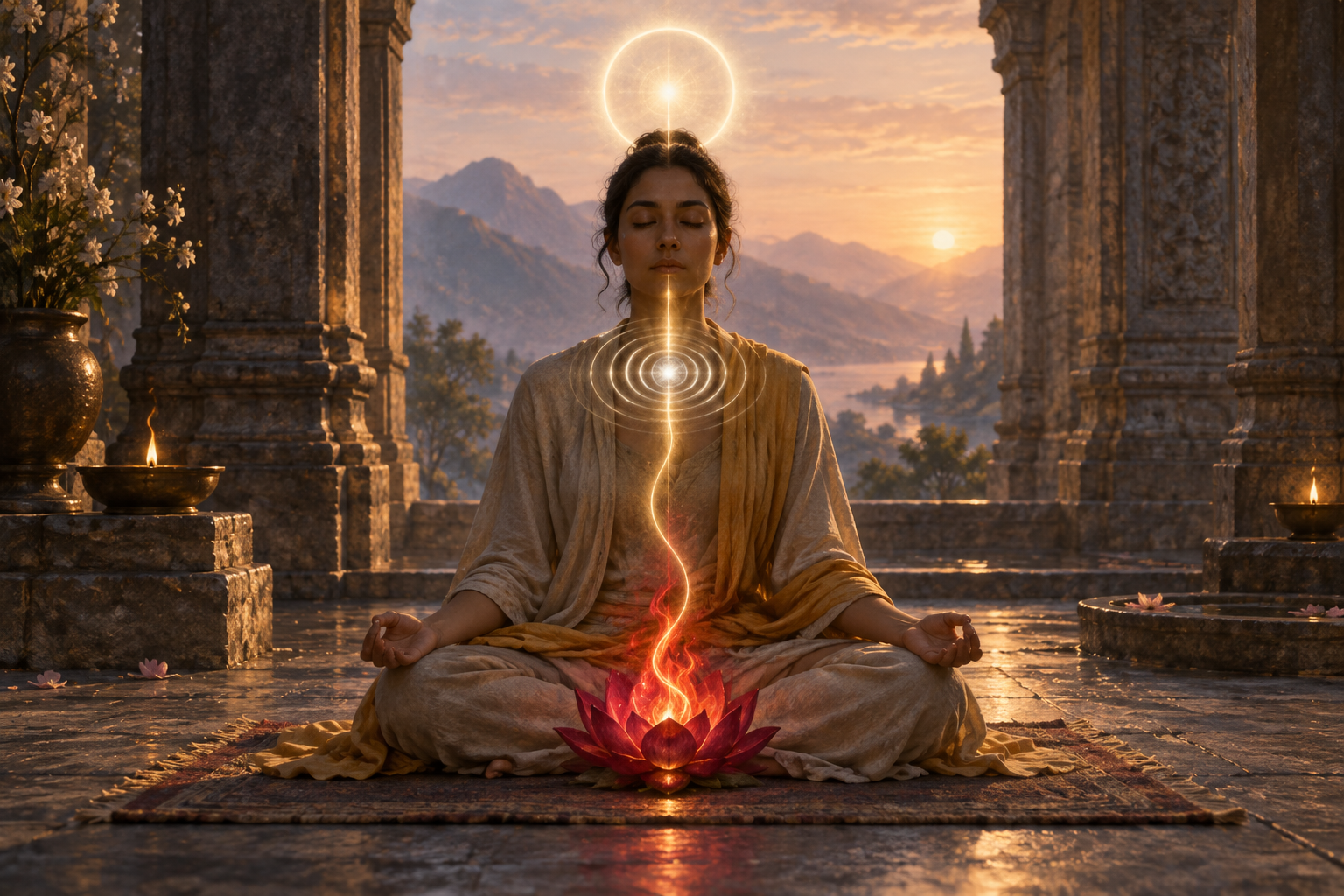 Meditating practitioner connected to a red lotus flame, luminous throat-level waves, and a white-gold halo.