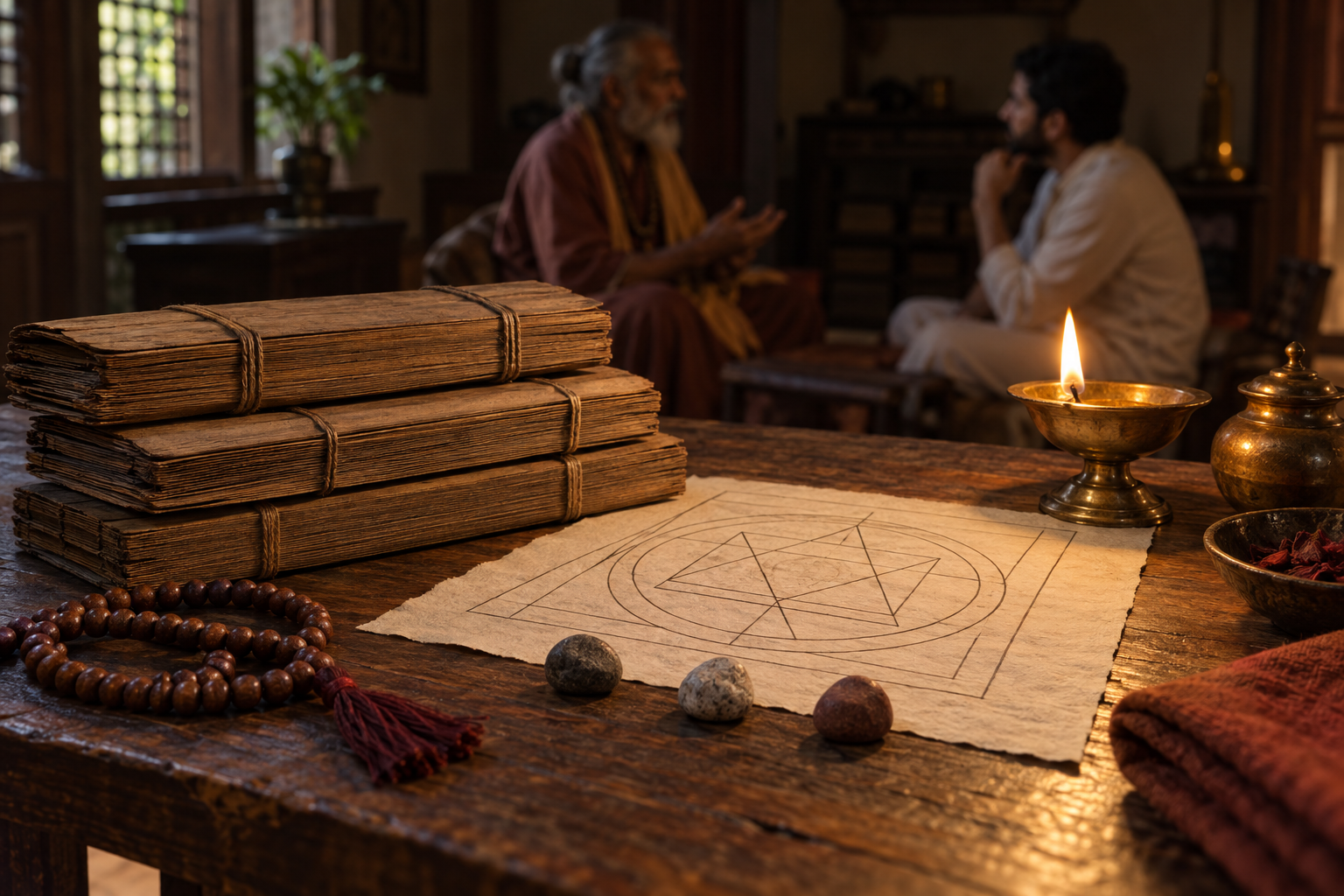 Study table with manuscript bundles, prayer beads, a geometric drawing, stones, and an oil lamp, with two people conversing behind it.