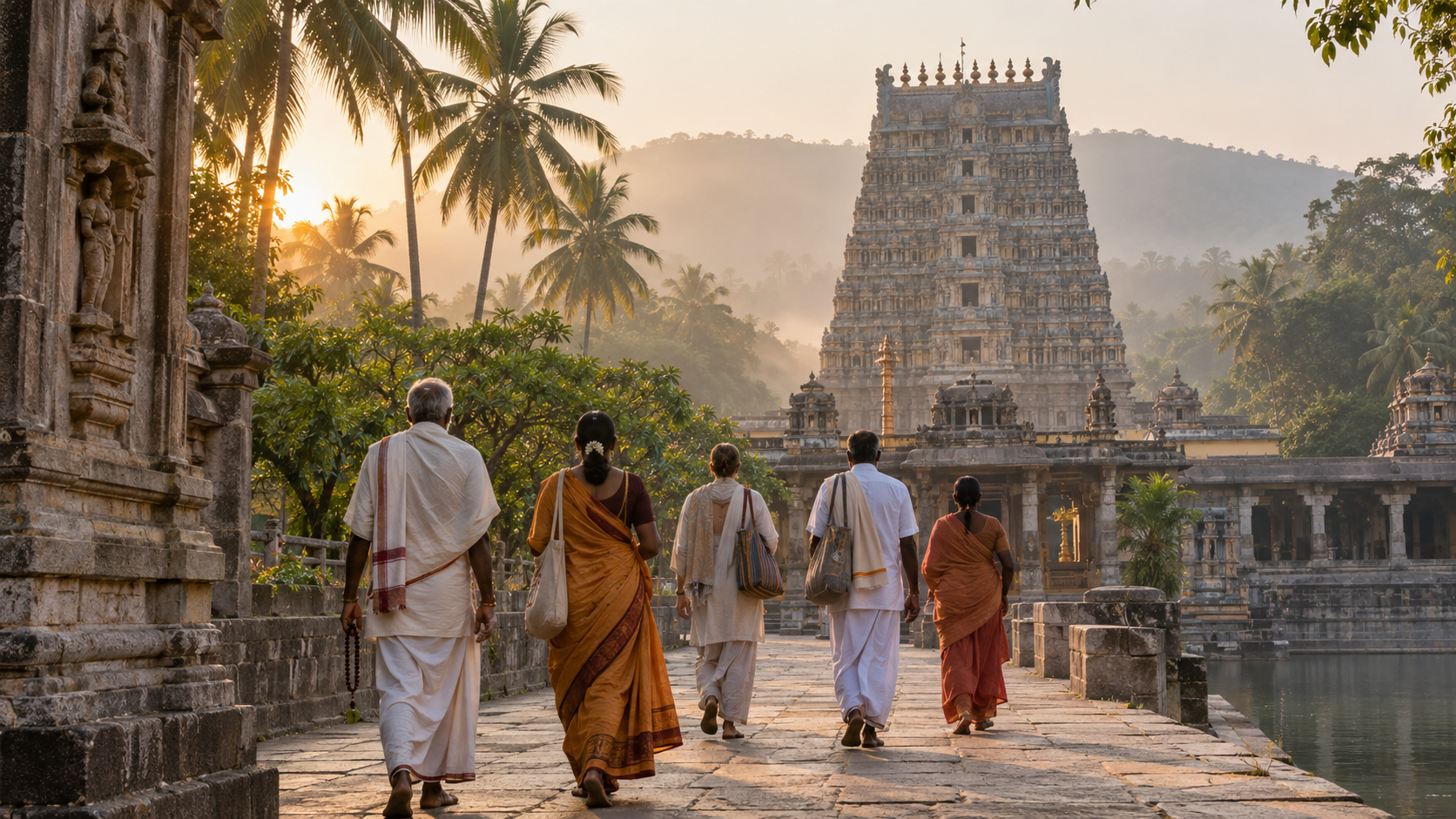 A small group of pilgrims walks toward a carved South Indian temple tower in the warm light of dawn.
