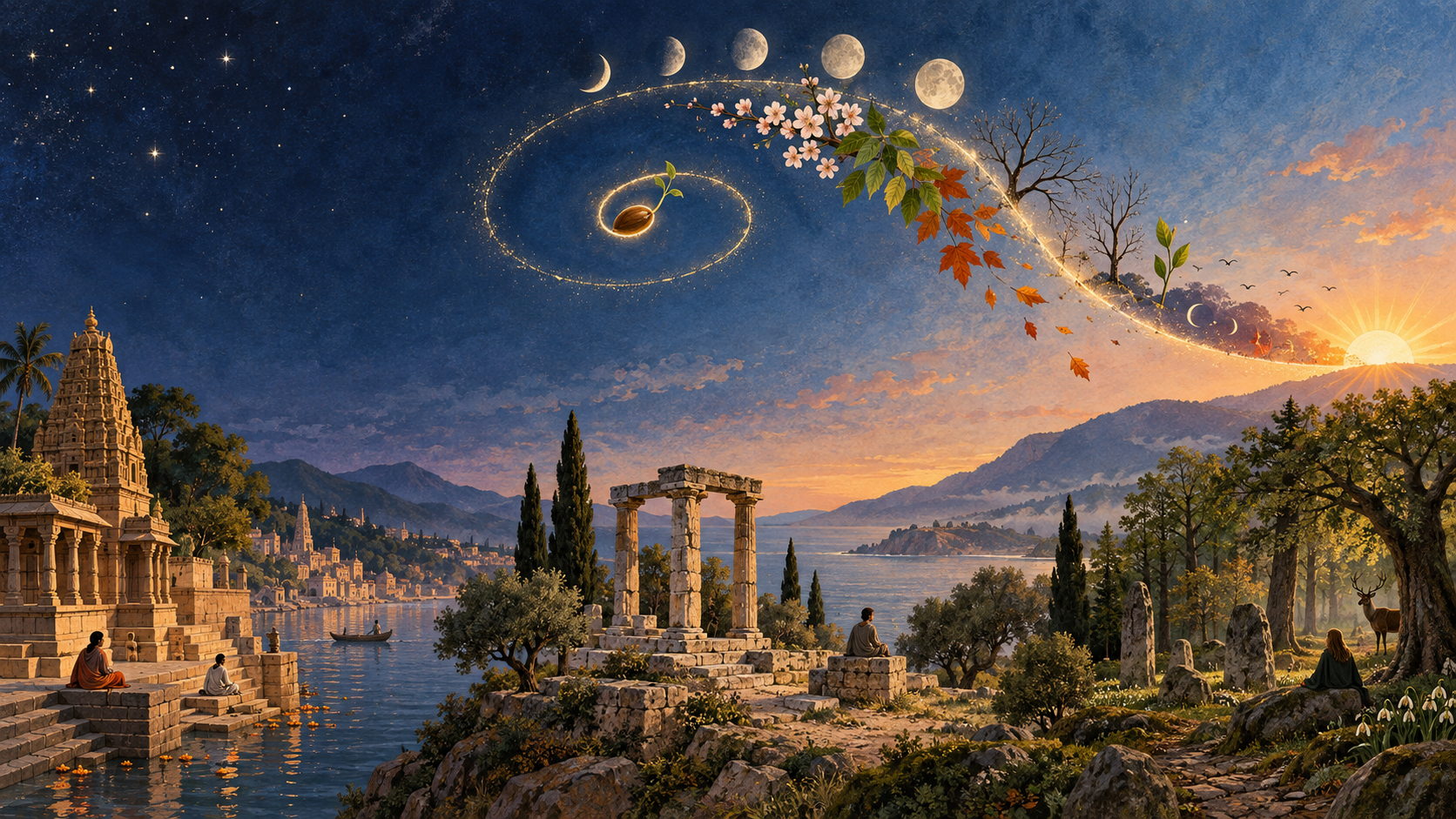 A luminous spiral crosses a night-to-dawn landscape, circling seasonal trees, moon phases, stars, a South Asian temple courtyard, a stone sanctuary, and a sacred grove.