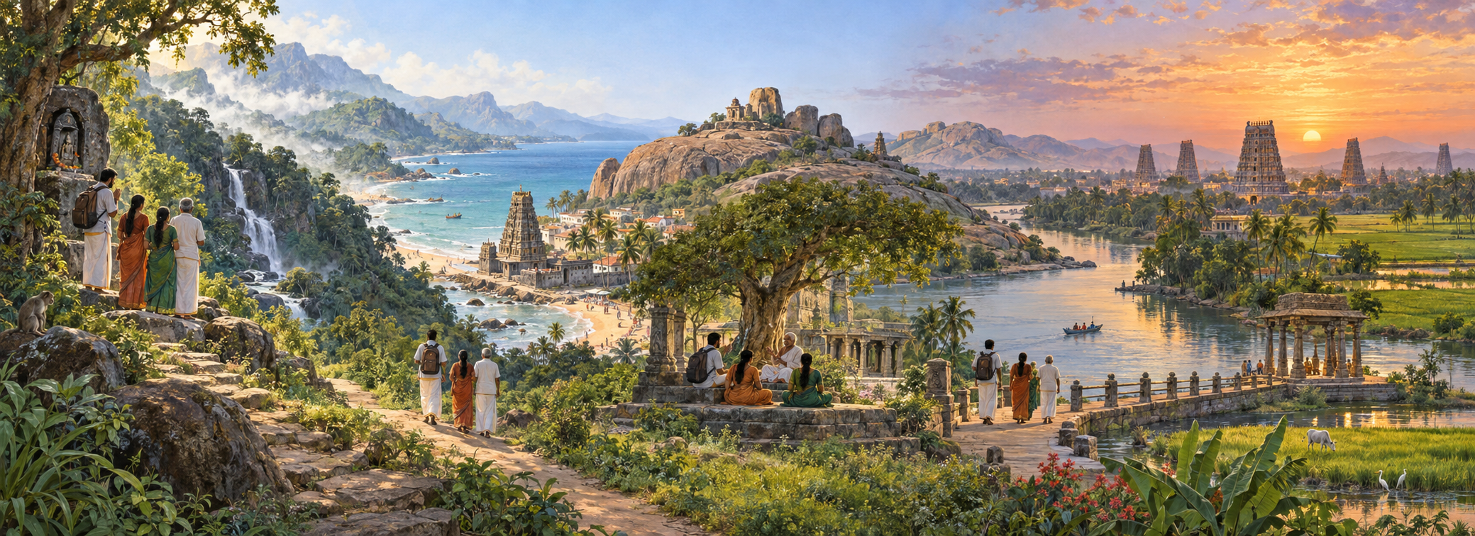 An illustrated South Indian landscape shows pilgrims following a winding path from green hills and a coastal town to river temples.