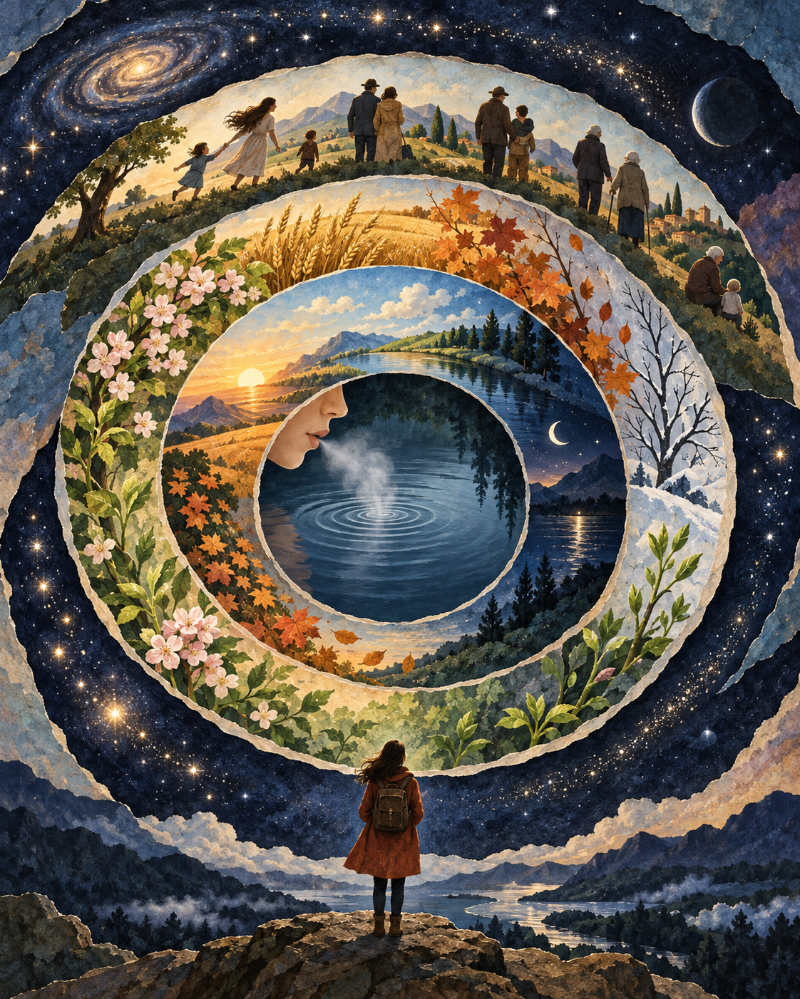 Nested circular scenes show ripples from a breath, day and night, changing seasons, human generations, and stars forming and fading.