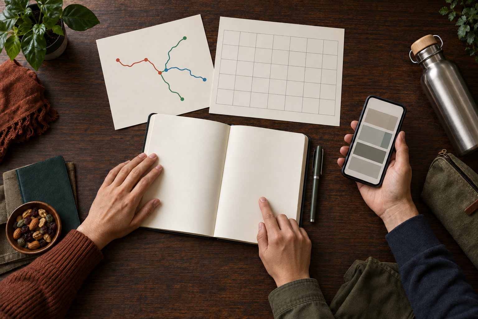 Hands review a blank notebook and text-free travel-planning materials arranged with practical pilgrimage essentials on a wooden table.