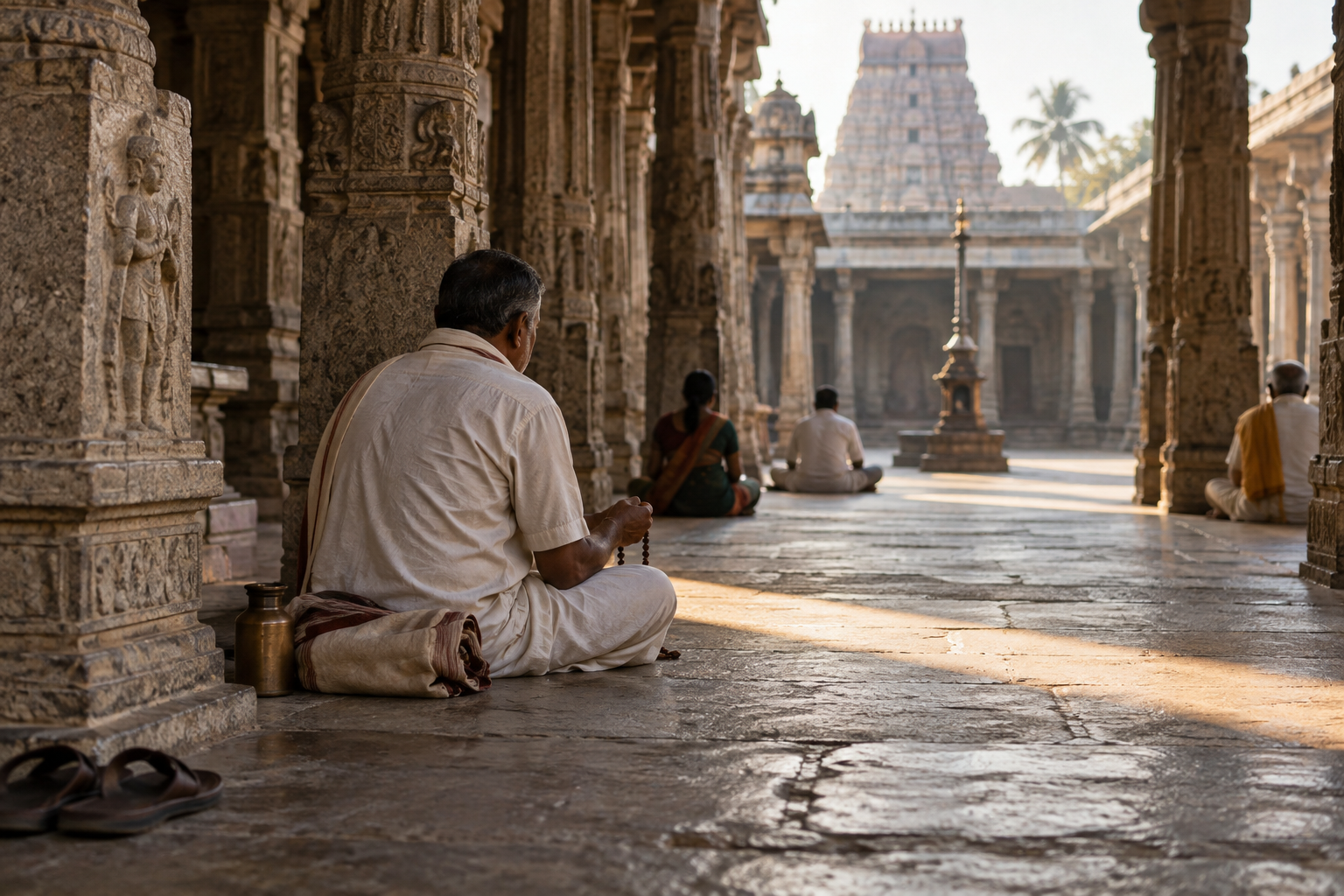A pilgrim with wooden prayer beads sits quietly among carved stone pillars in a sunlit South Indian temple courtyard.
