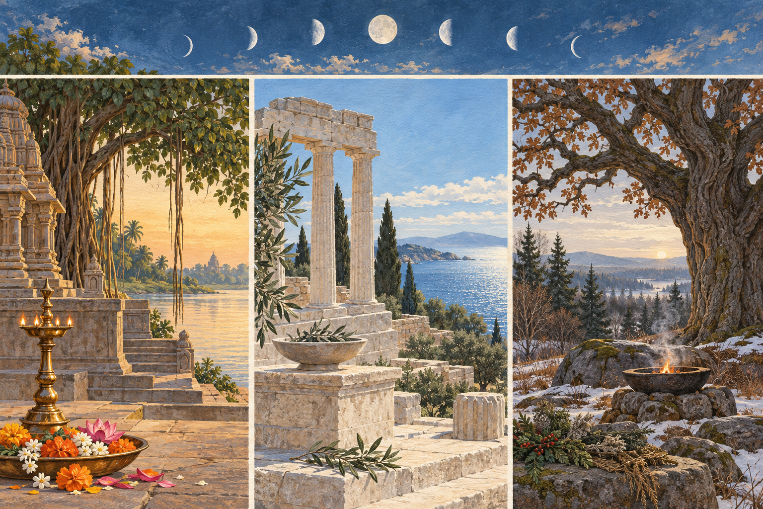 Three separated scenes depict a South Asian temple courtyard, a Mediterranean stone sanctuary, and a northern grove beneath a shared sequence of moon phases.