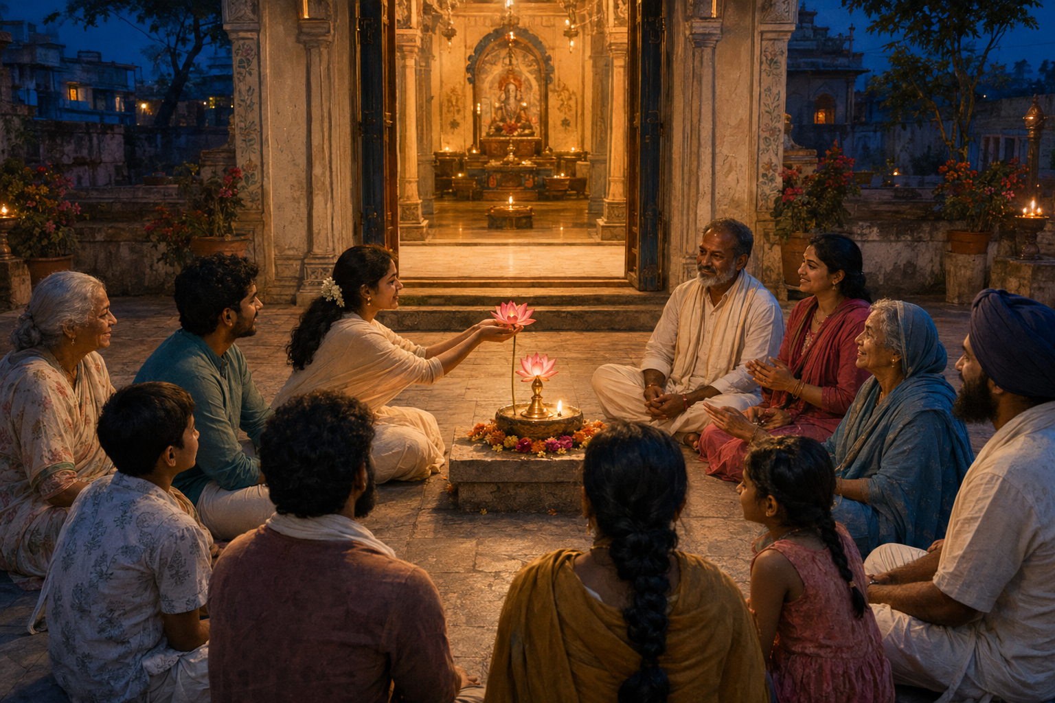Devotees of different ages sit in an open temple courtyard around a lamp and lotus altar while one person offers a flower.