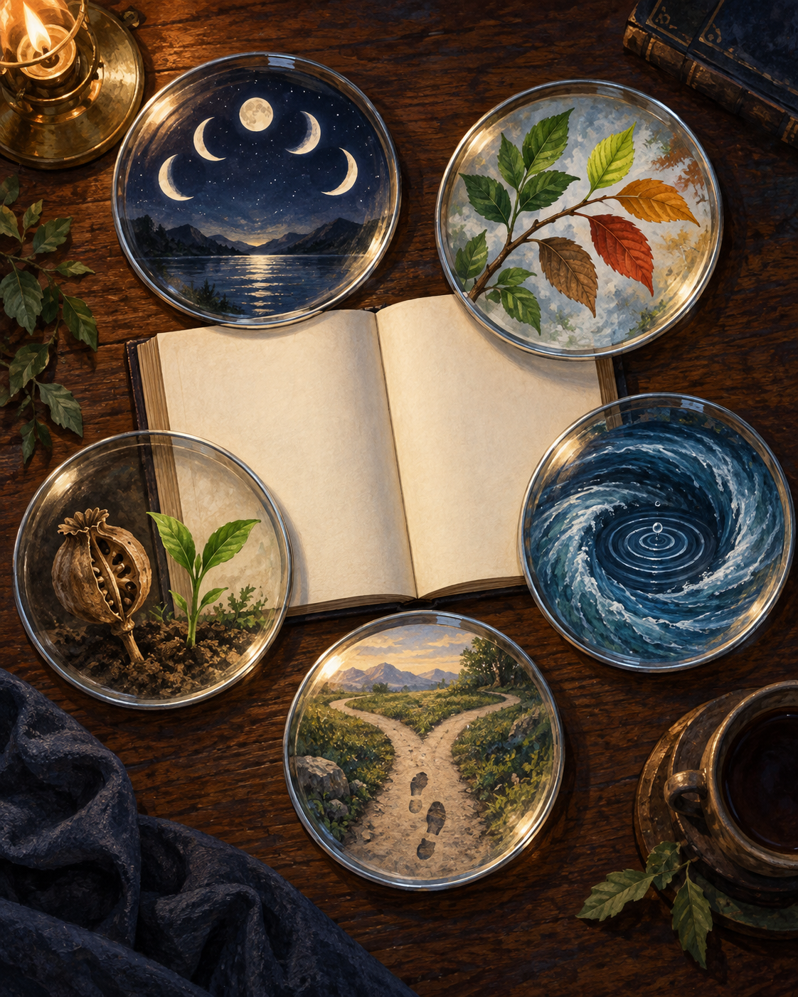 Five round lenses surround a blank open book, revealing a crescent moon, changing leaves, nested ripples, branching footprints, and a new shoot beside a seed pod.