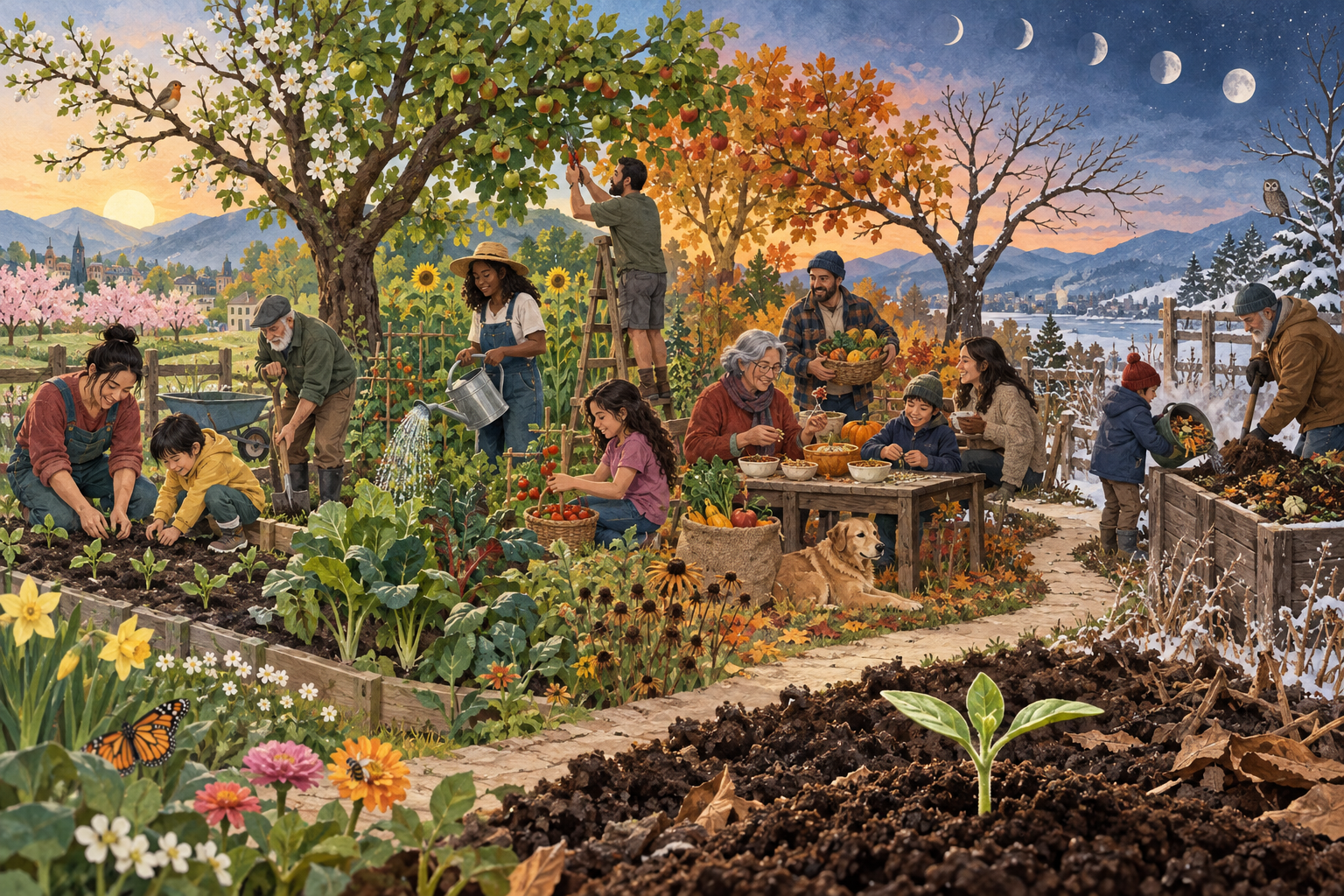 People plant, tend, harvest, share food, save seeds, and compost in a community garden that passes through the seasons and returns to new growth.