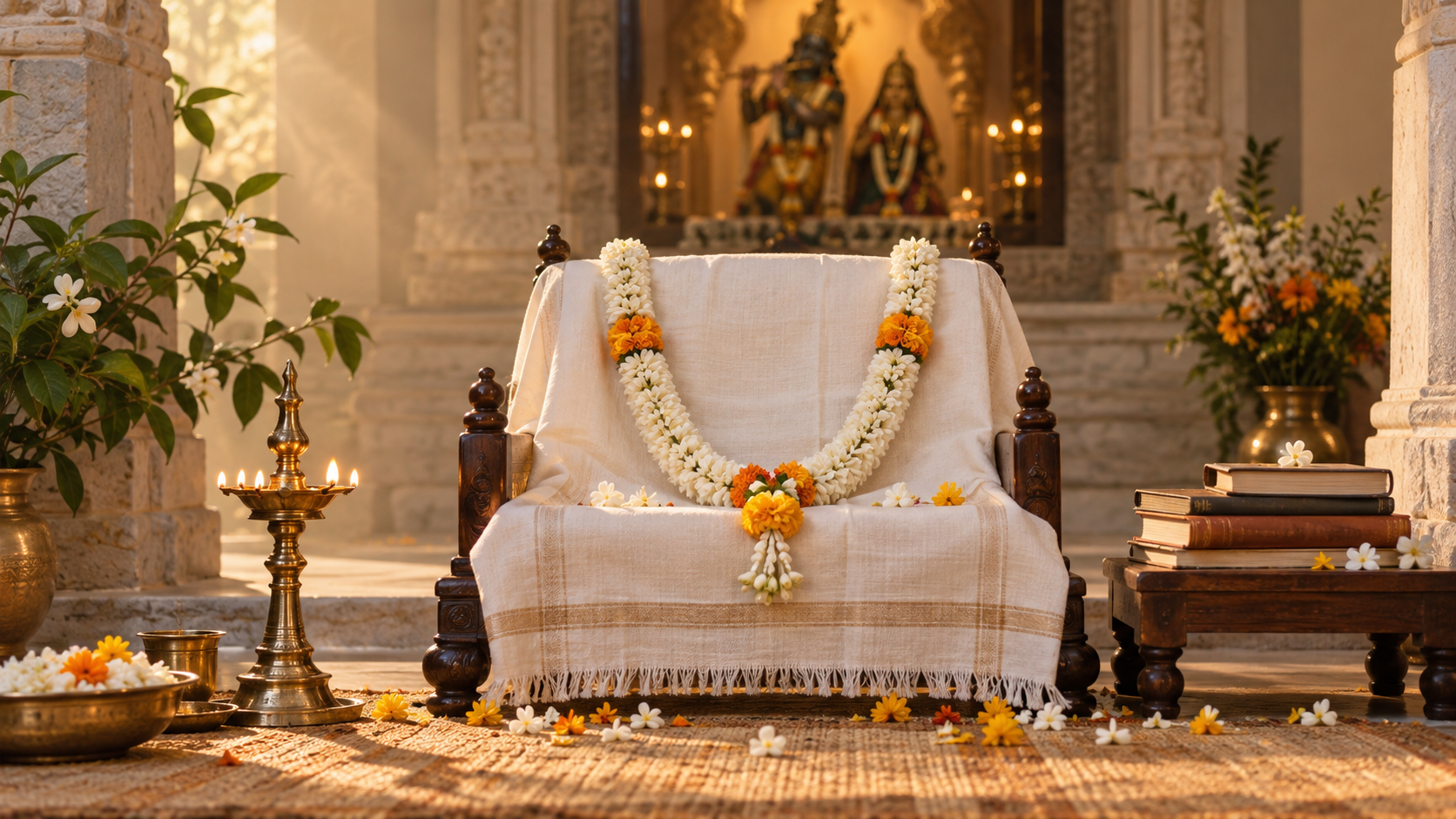 An empty cloth-covered wooden seat with a flower garland, brass oil lamp, petals, and devotional books in a softly lit memorial setting.