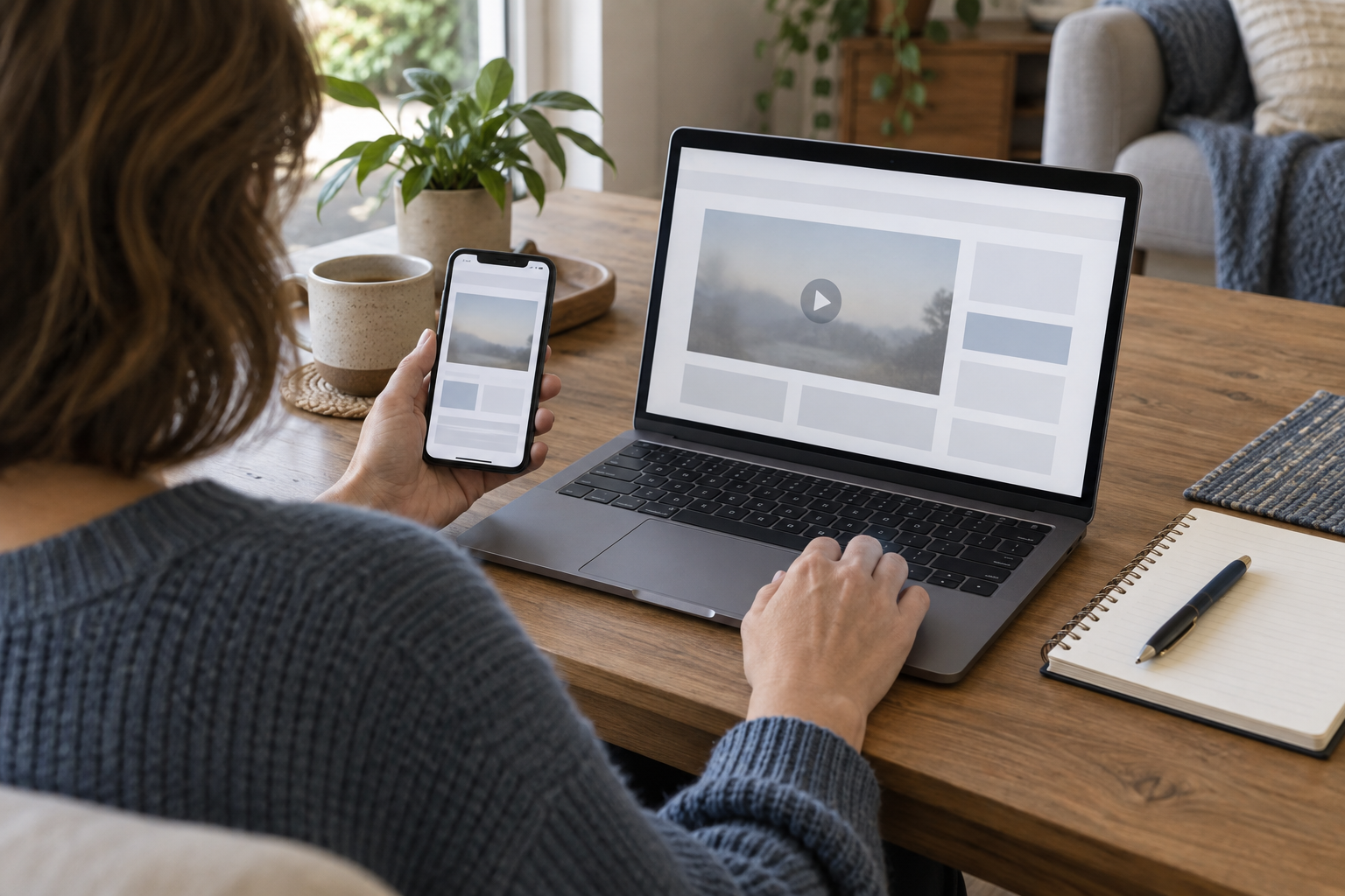 A person checks a generic memorial webpage on a laptop while holding a smartphone beside a notebook and pen.