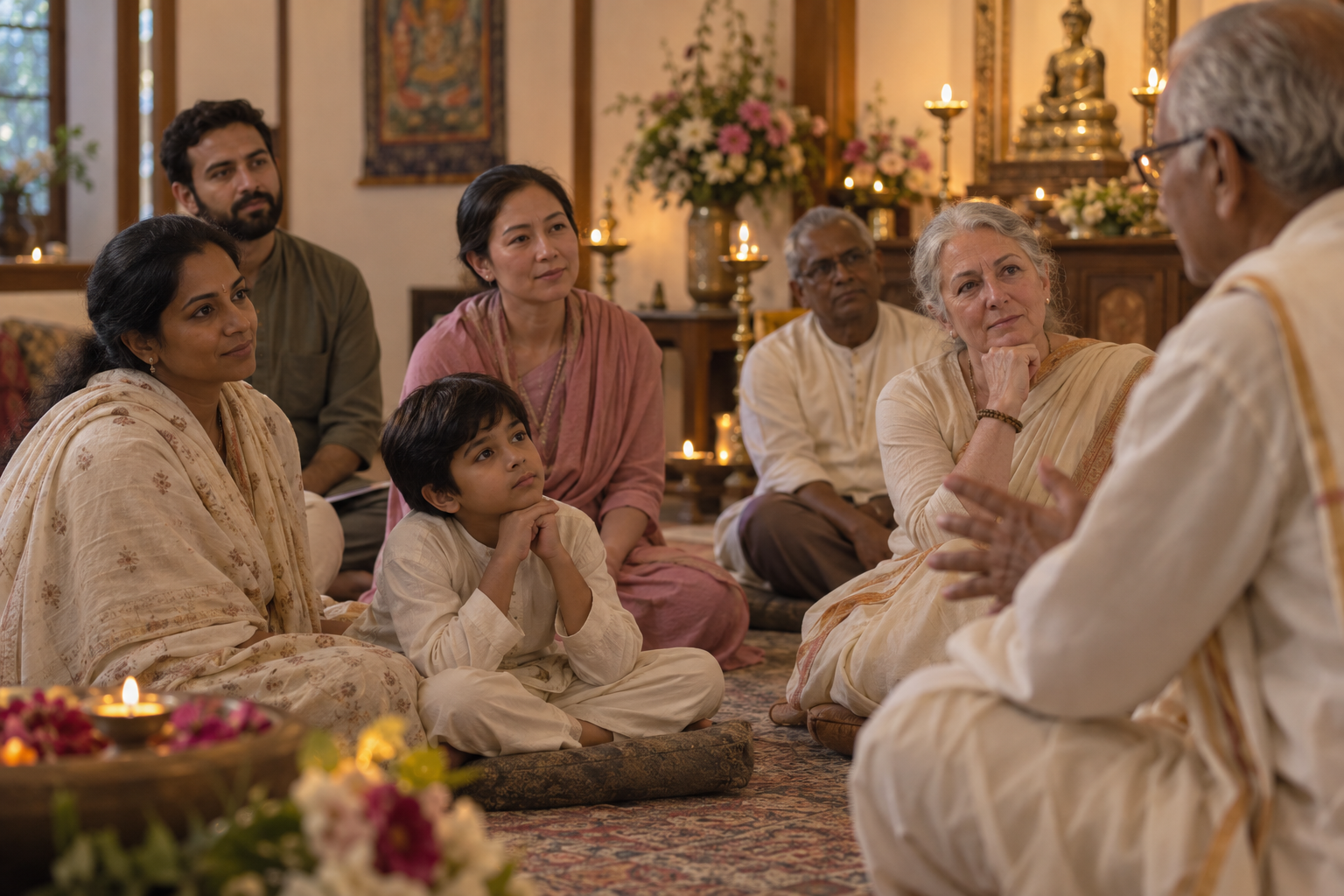 An intergenerational group sits in a temple community room and listens attentively to an older memorial speaker.