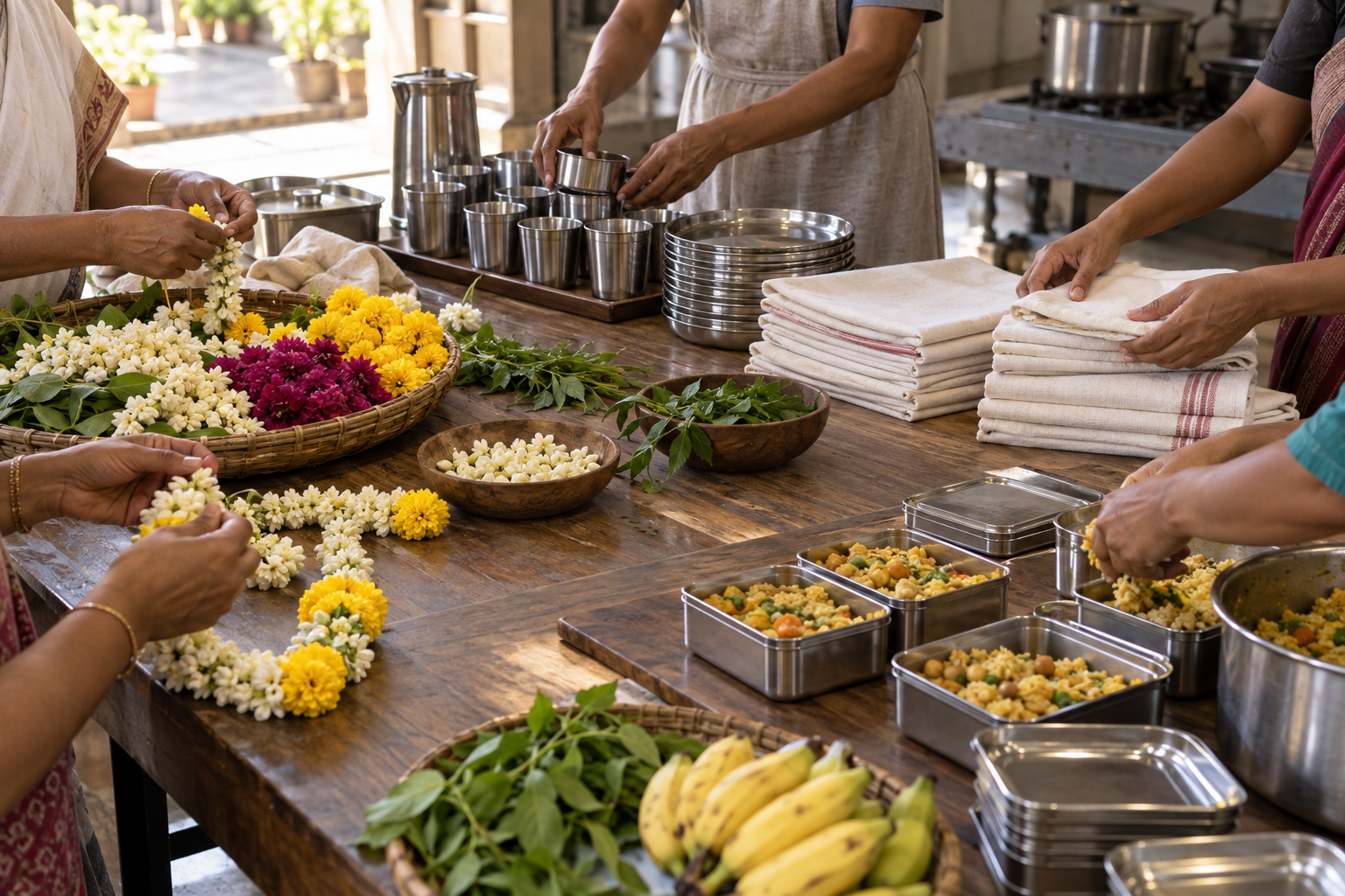 Several people work together at a wooden table, making flower garlands and preparing vegetarian food for community service.