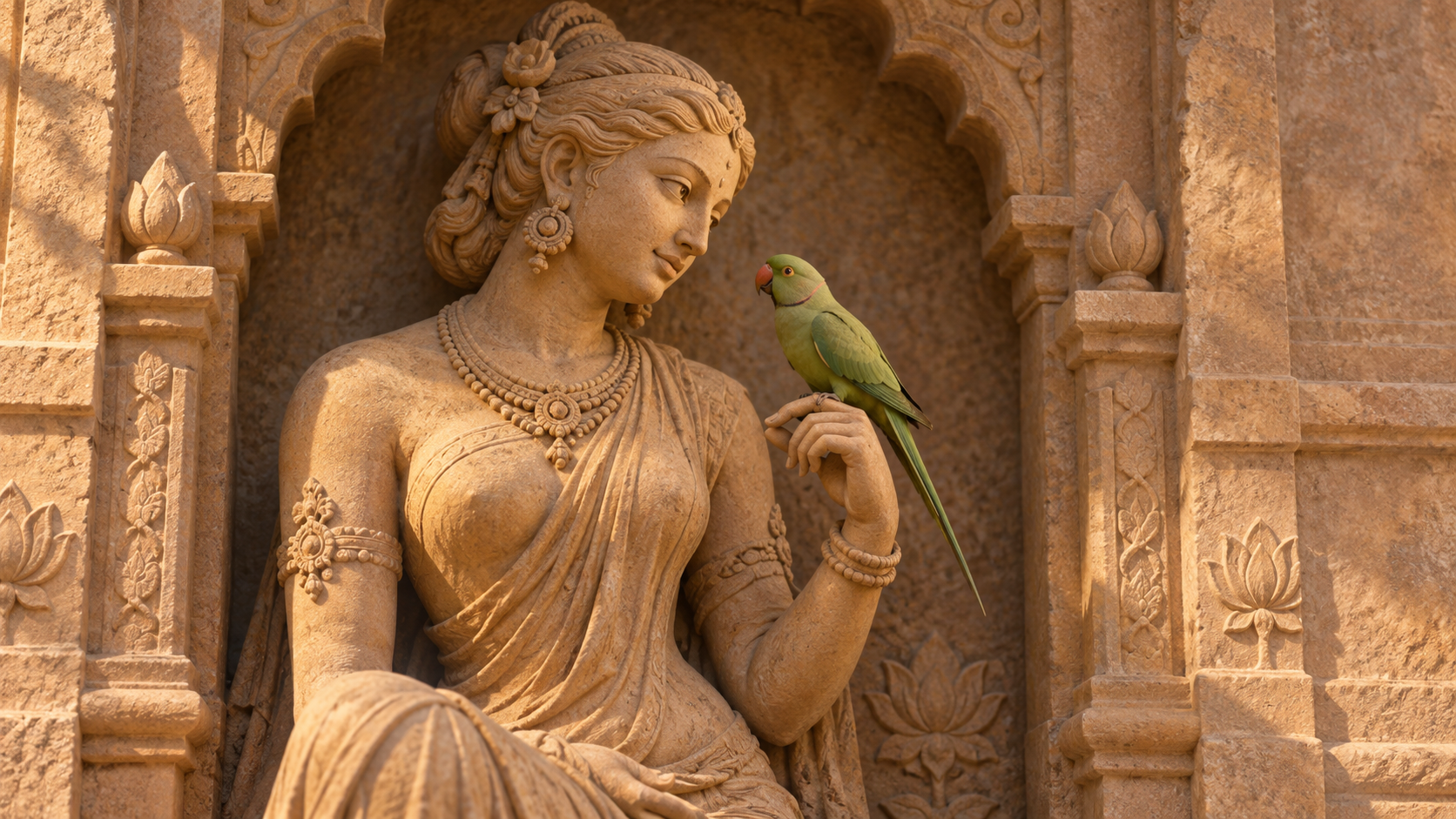 Sandstone-style temple carving of a divine feminine figure looking toward a small parrot perched beside her raised hand.