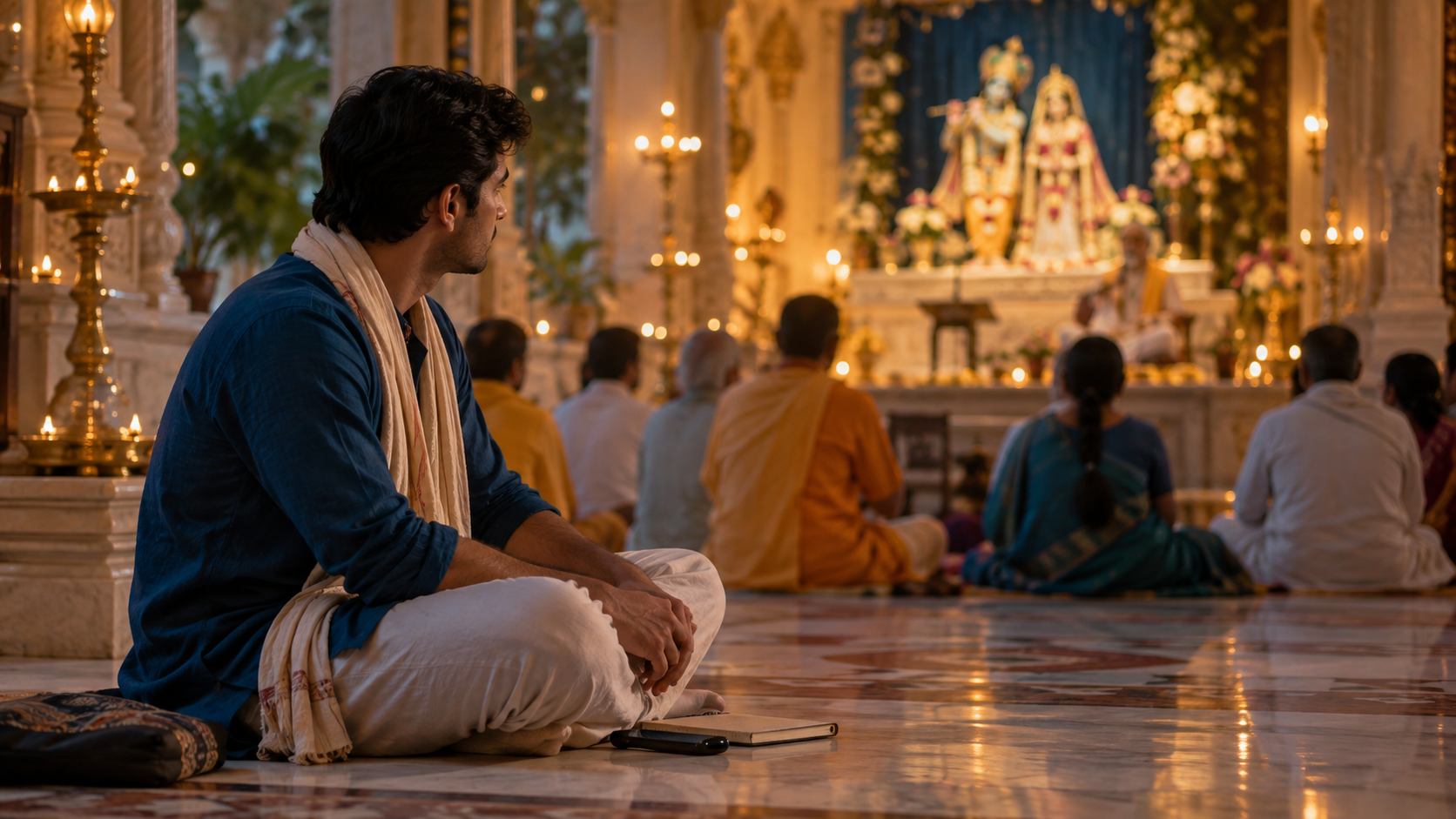 An attentive listener sits with a notebook in a softly lit temple hall while an indistinct speaker gives a discourse in the background.