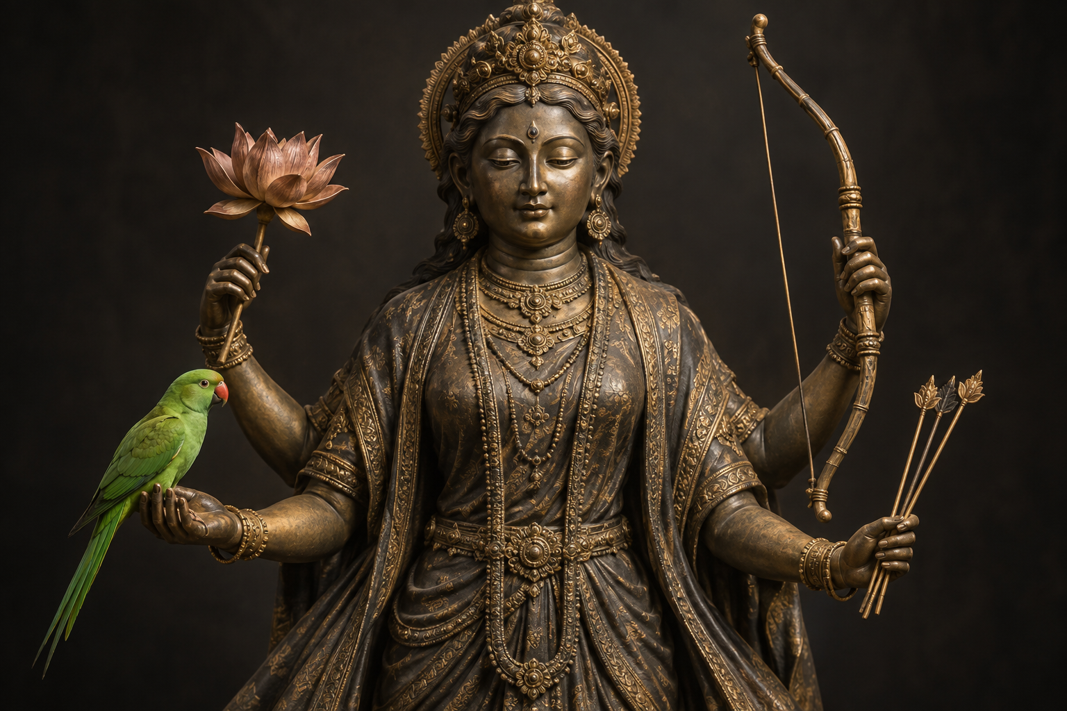 Bronze-style divine figure holding a living green parrot, a lotus, a sugarcane bow, and flower-tipped arrows in separate hands.