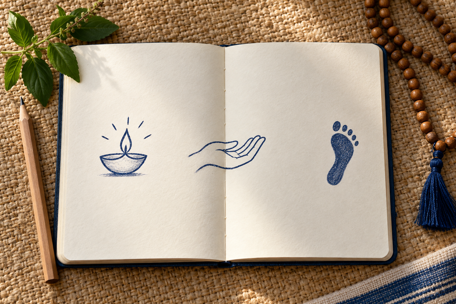 An open notebook has three unlabeled sections marked with simple lamp, hand, and footprint symbols beside a pencil and meditation beads.