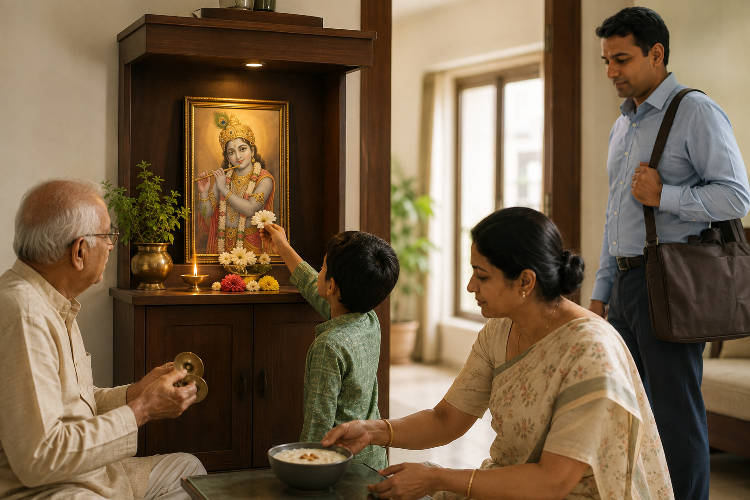 A multigenerational family pauses at a small Krishna shrine while preparing for work, breakfast, and school.