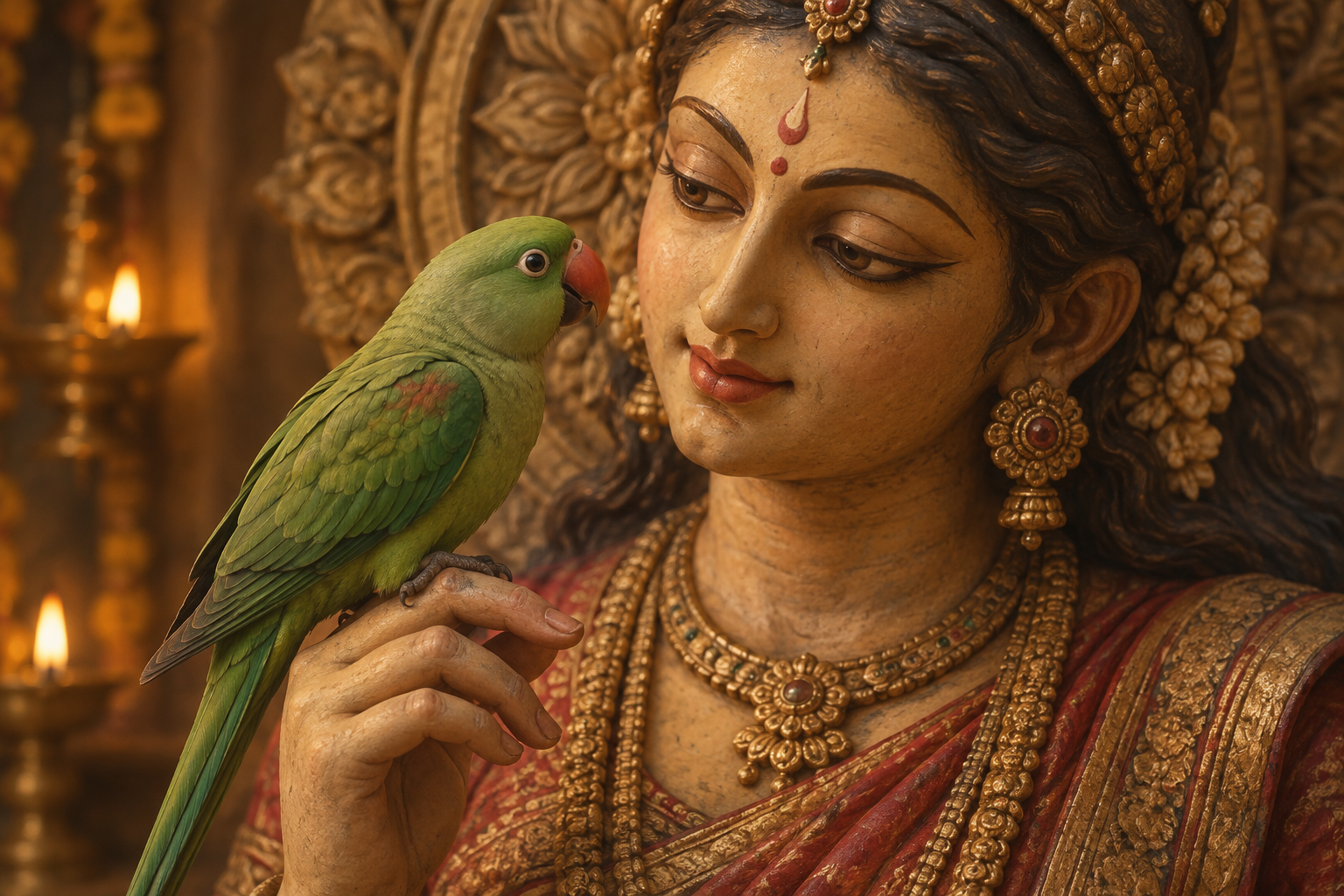 A green parrot perched on a divine figure's fingers turns toward her face as she looks back at the bird.