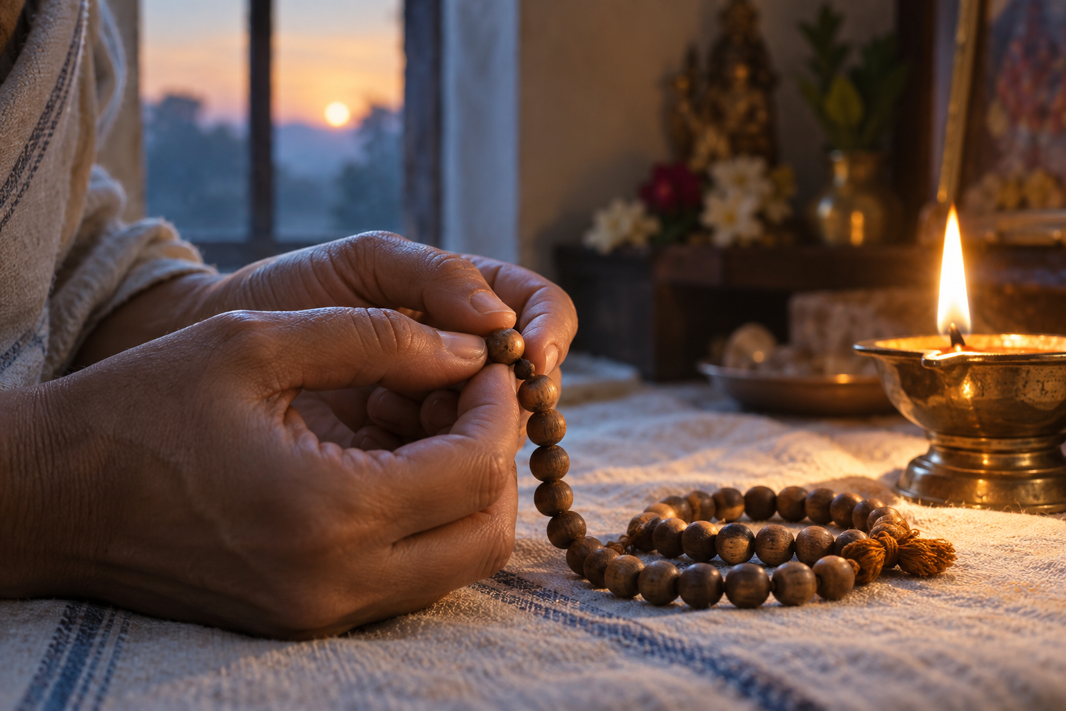 A devotee's hands hold wooden prayer beads beside a small oil lamp in the soft light of dawn.
