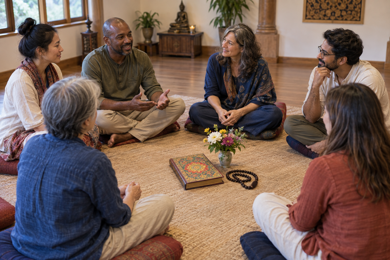 A small circle of devotees discusses a spiritual teaching around a closed book, prayer beads, and flowers.