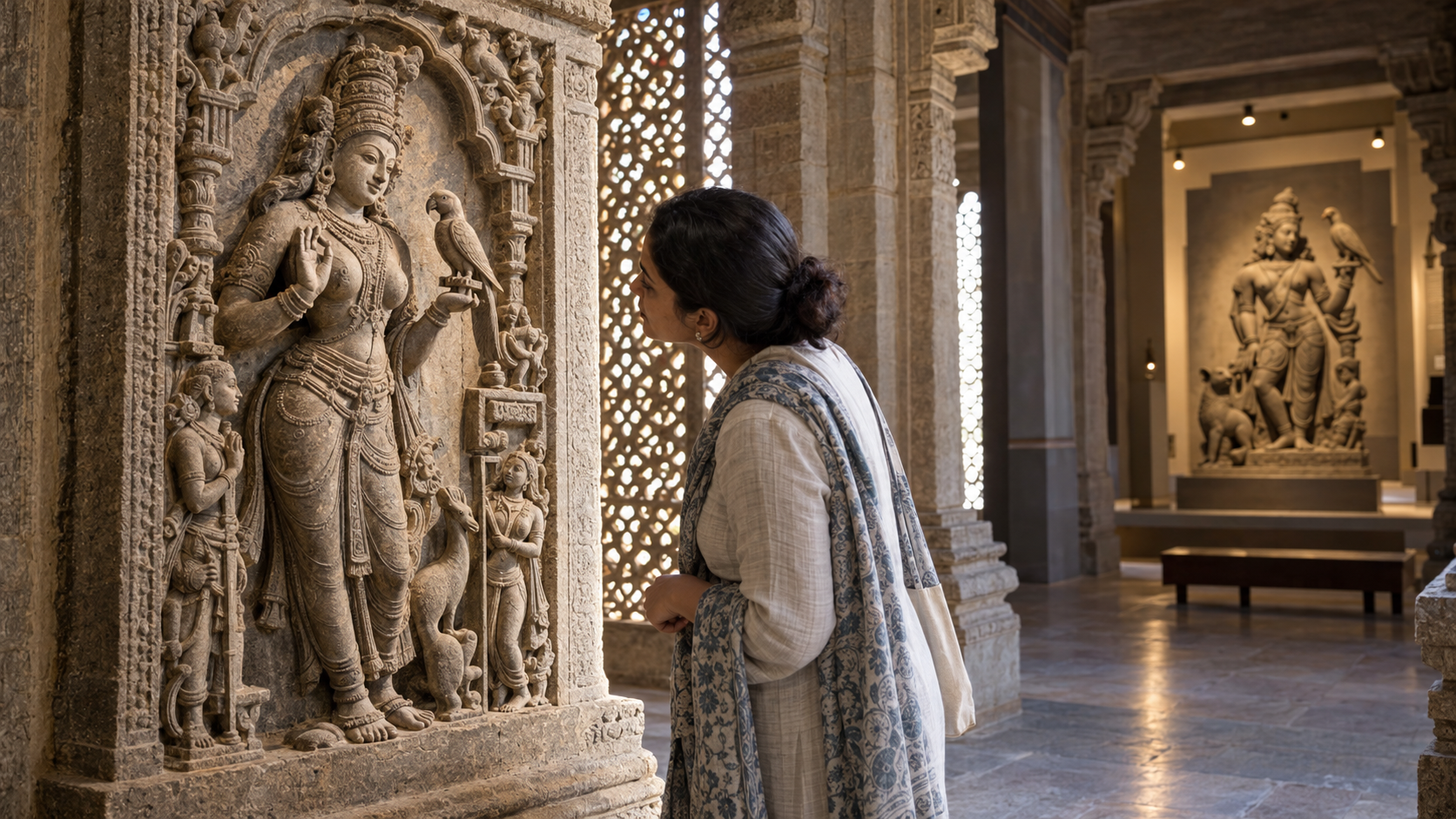 A museum visitor closely examines a stone relief of a divine figure and parrot while another differently composed sculpture stands nearby.