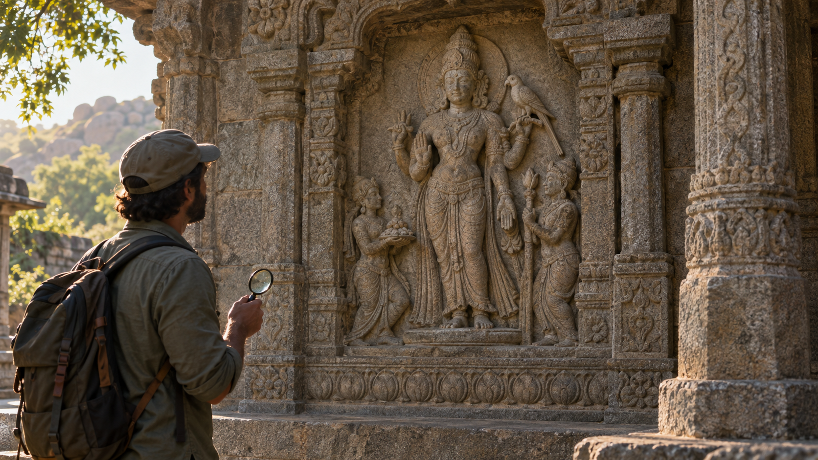 A visitor examines the full context of a temple relief showing a divine figure, a parrot, attendants, hand gestures, and lotus borders.