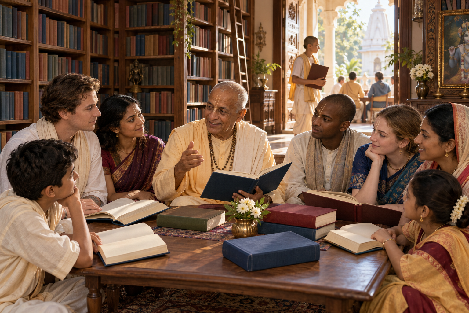 Devotees of several generations read and discuss open spiritual books together in a softly lit temple library.