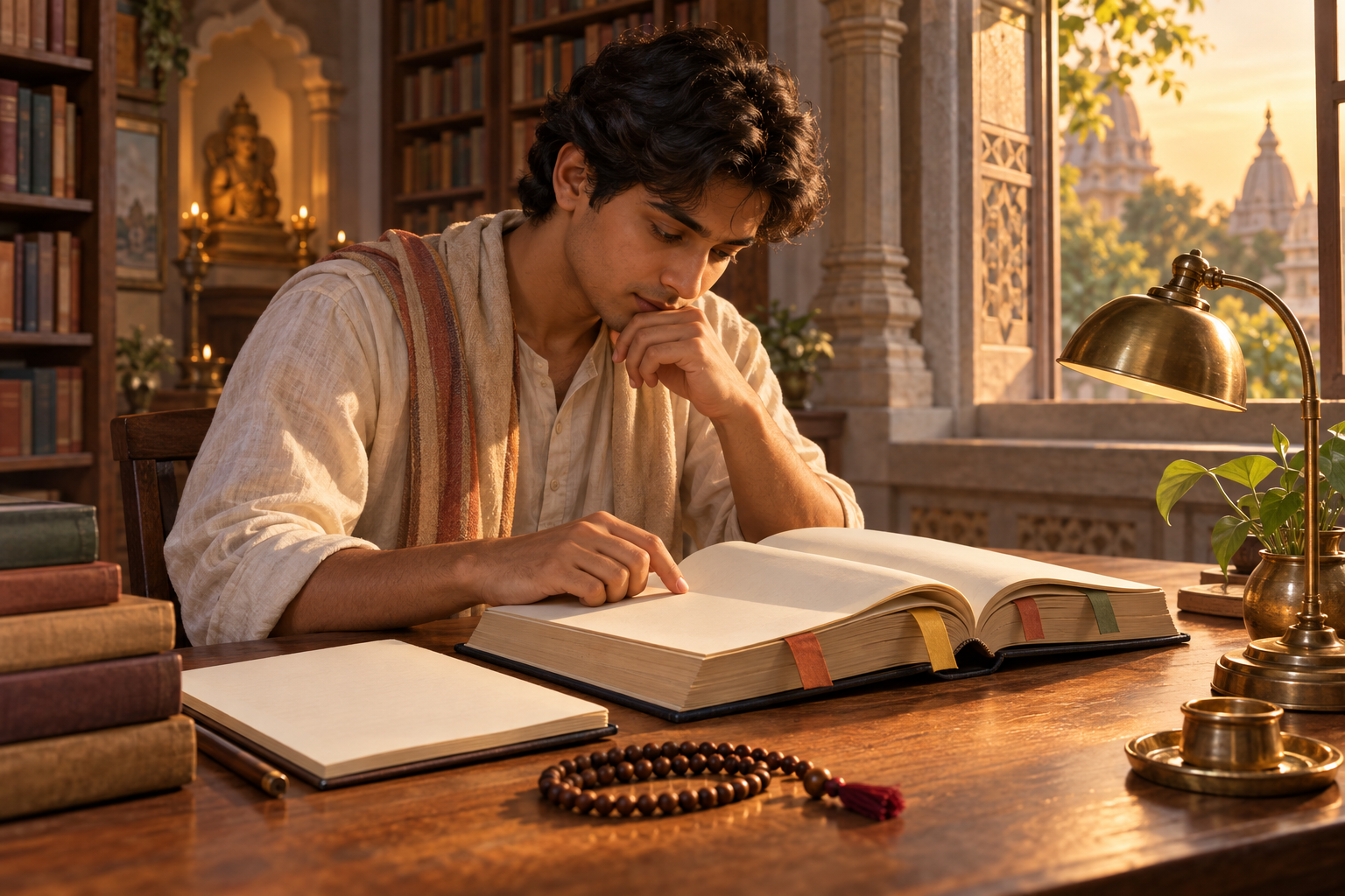 A devotee studies an open spiritual book at a wooden desk with a notebook, prayer beads, and a reading lamp.