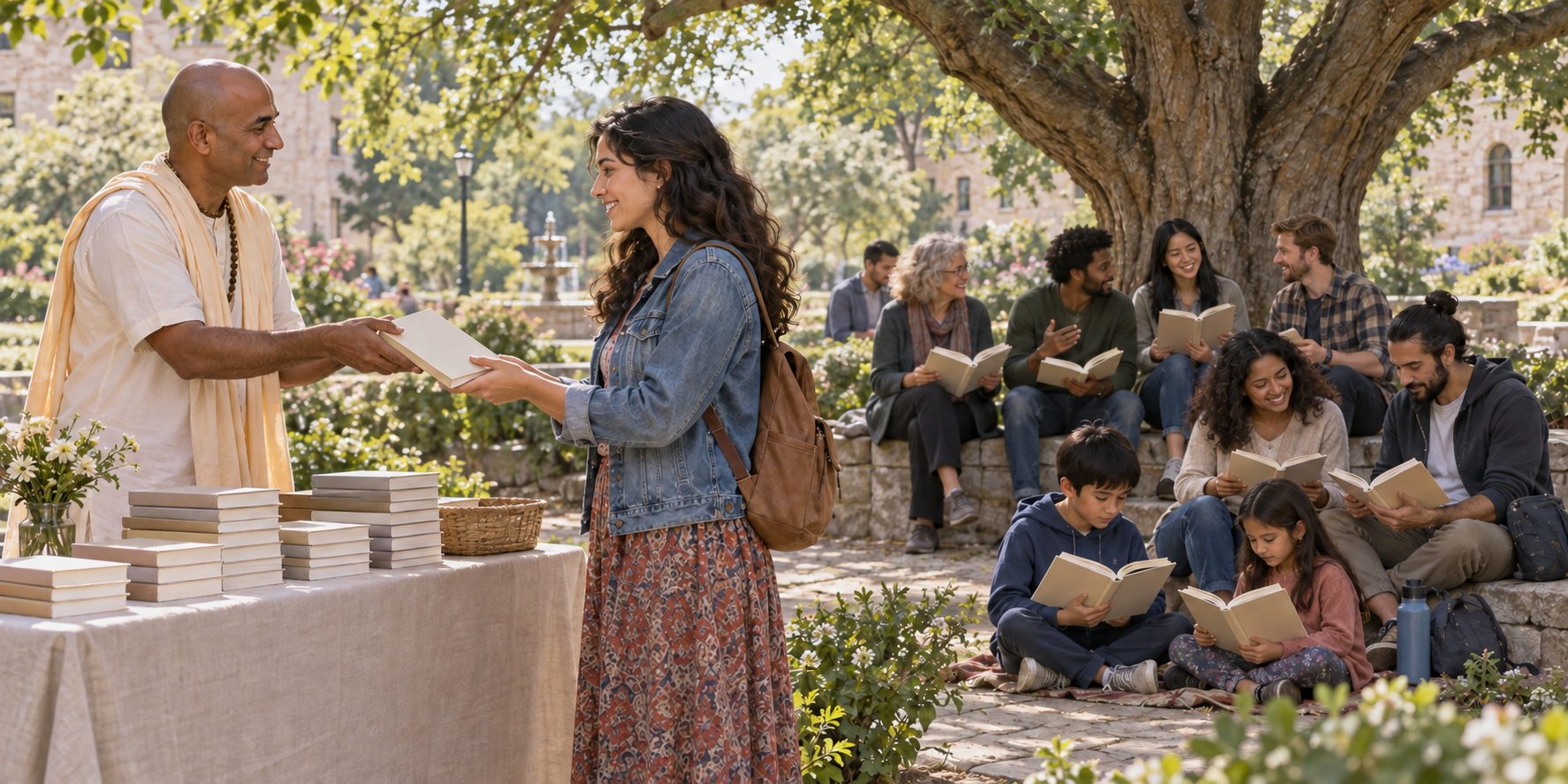 A devotee gives a book to a visitor while other people read and discuss similar books beneath a nearby tree.