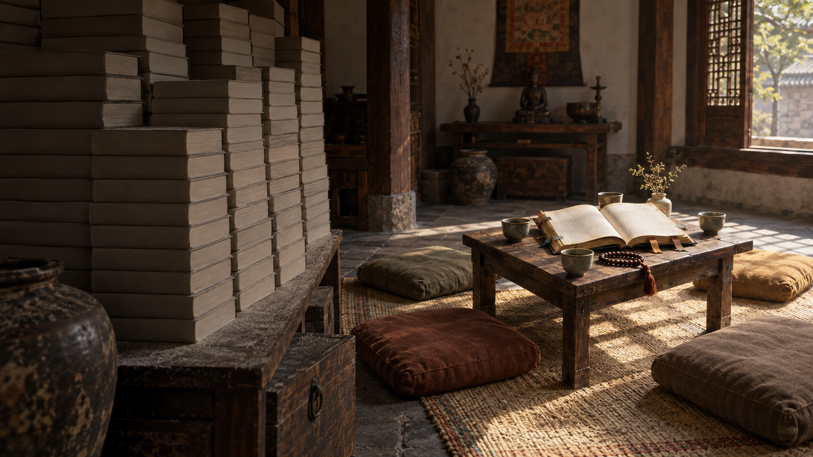 Dusty stacks of unopened books stand in shadow beside one well-used open volume in a bright study area with floor cushions.
