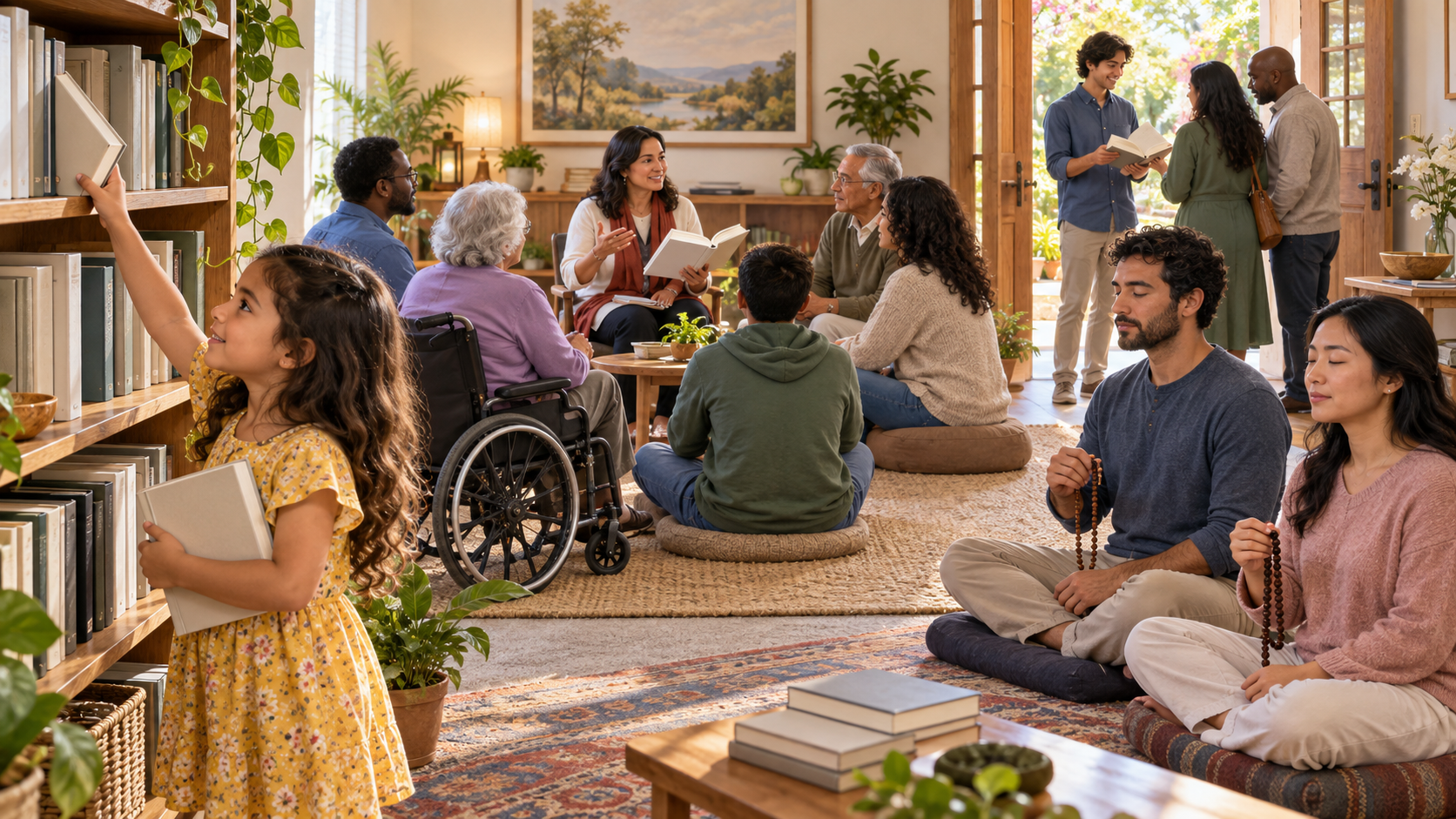 A community room contains a book shelf, a study circle, devotees using prayer beads, and a younger teacher sharing a book with newcomers.