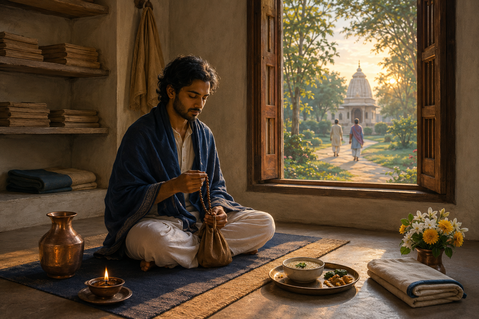 A practitioner chants with beads in a tidy dawn-lit room containing a mat, lamp, water vessel, flowers, simple food, and unmarked scripture folios.