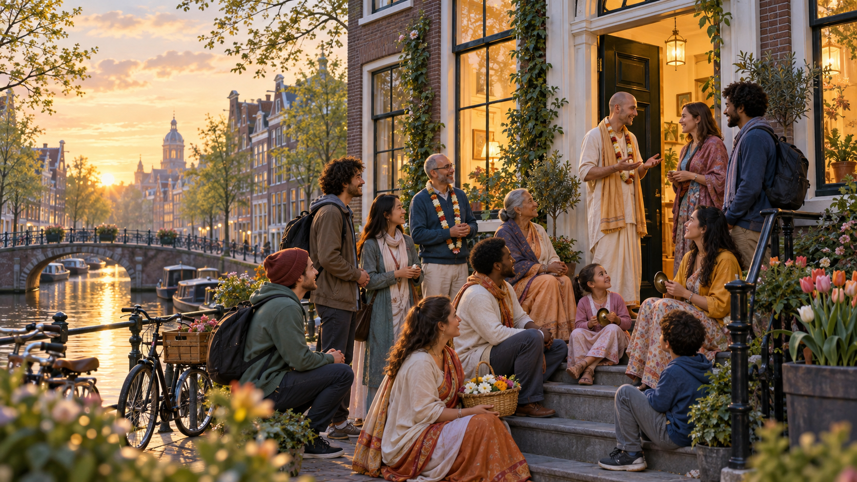 Devotees and families gather outside a warmly lit canal-side townhouse in an imagined Amsterdam spiritual community scene.