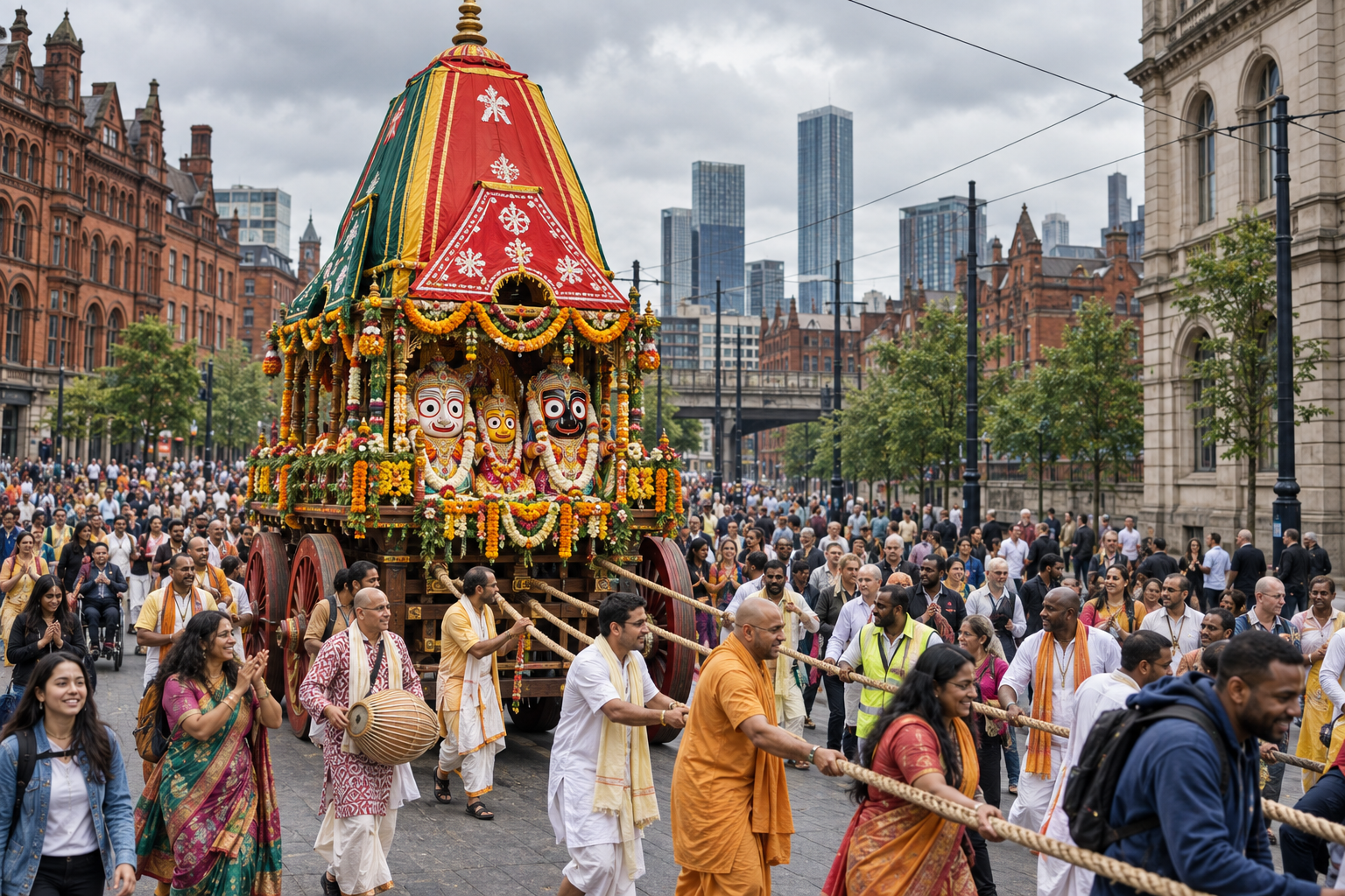 Illustrated Jagannath chariot procession with devotees walking through a Manchester city street beneath an overcast sky.