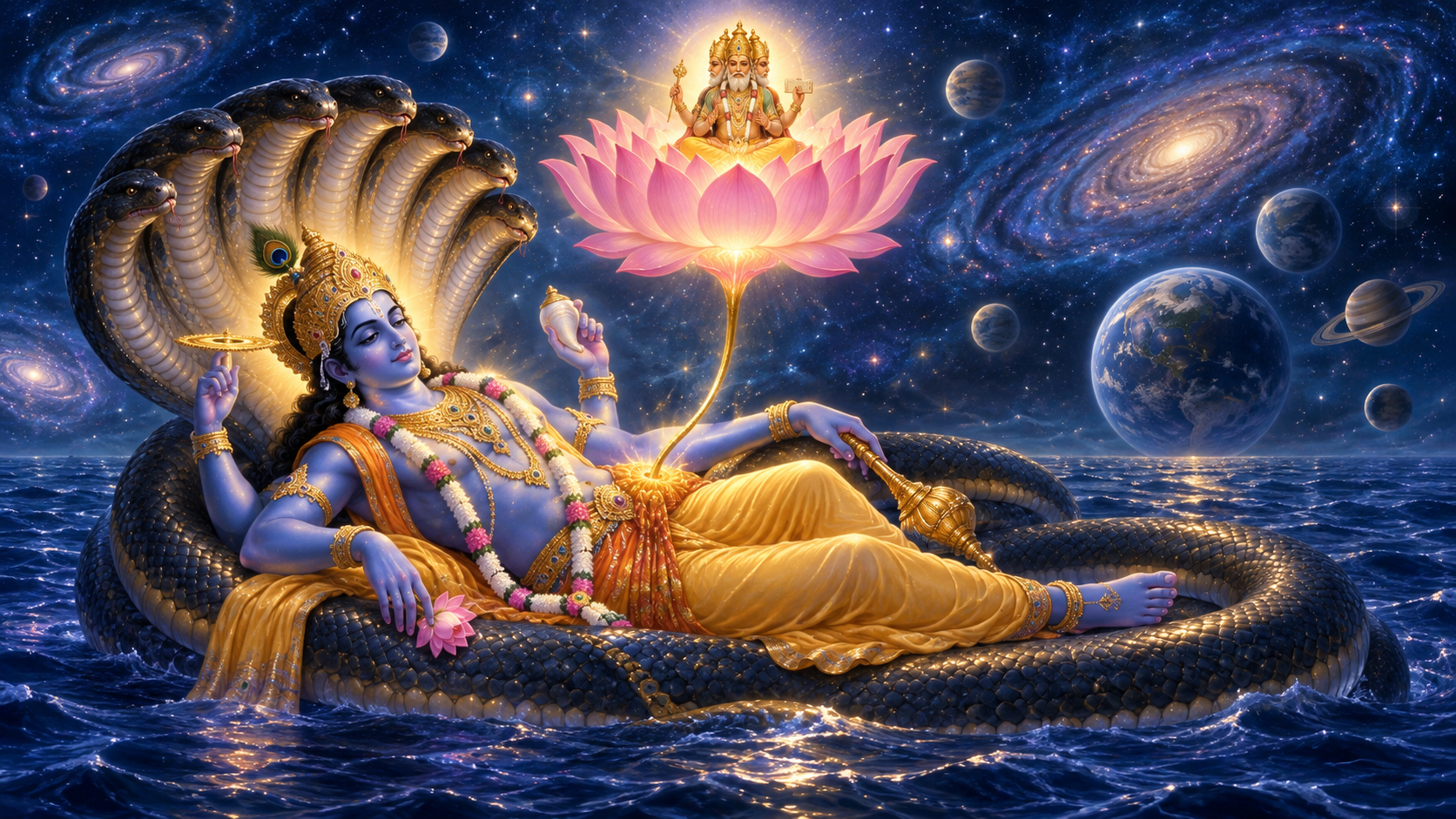 Lord Narayana reclines on the serpent Ananta in a cosmic ocean as a luminous lotus rises from His abdomen amid stars and planetary spheres.