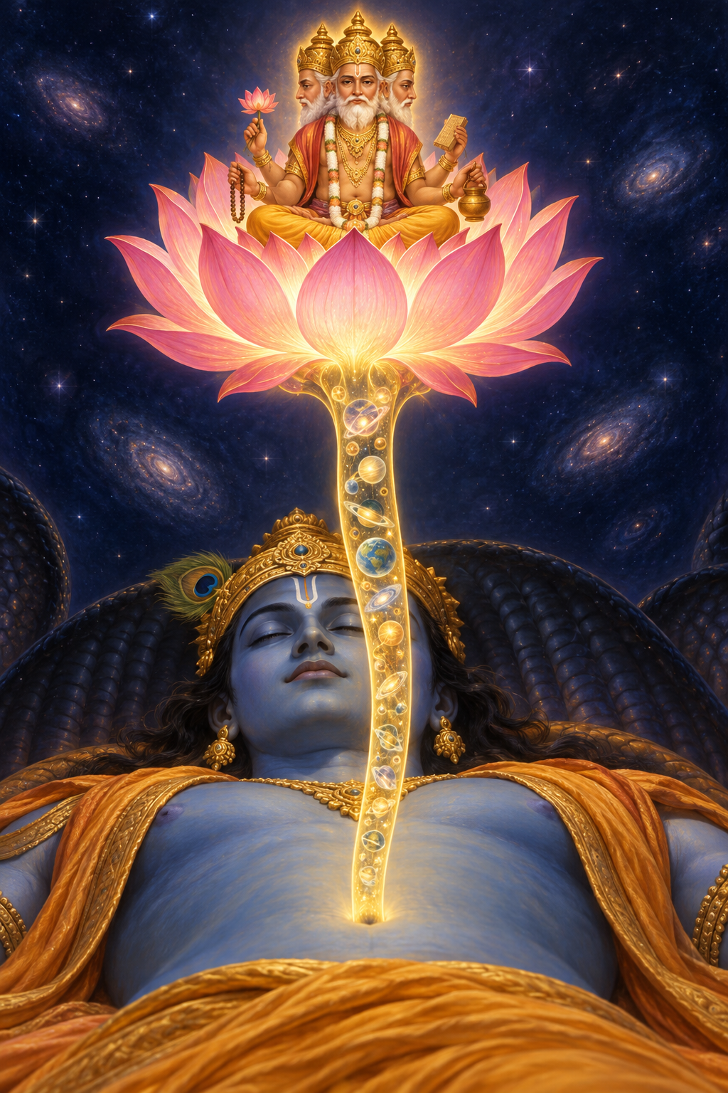 A golden lotus stem rises from the navel of a blue divine form and supports a pink flower where four-faced Brahma sits, surrounded by celestial spheres.