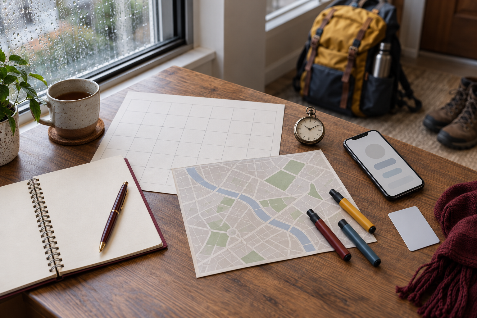 Blank calendar, unlabeled map, clock, phone and travel items arranged on a table for checking event details.